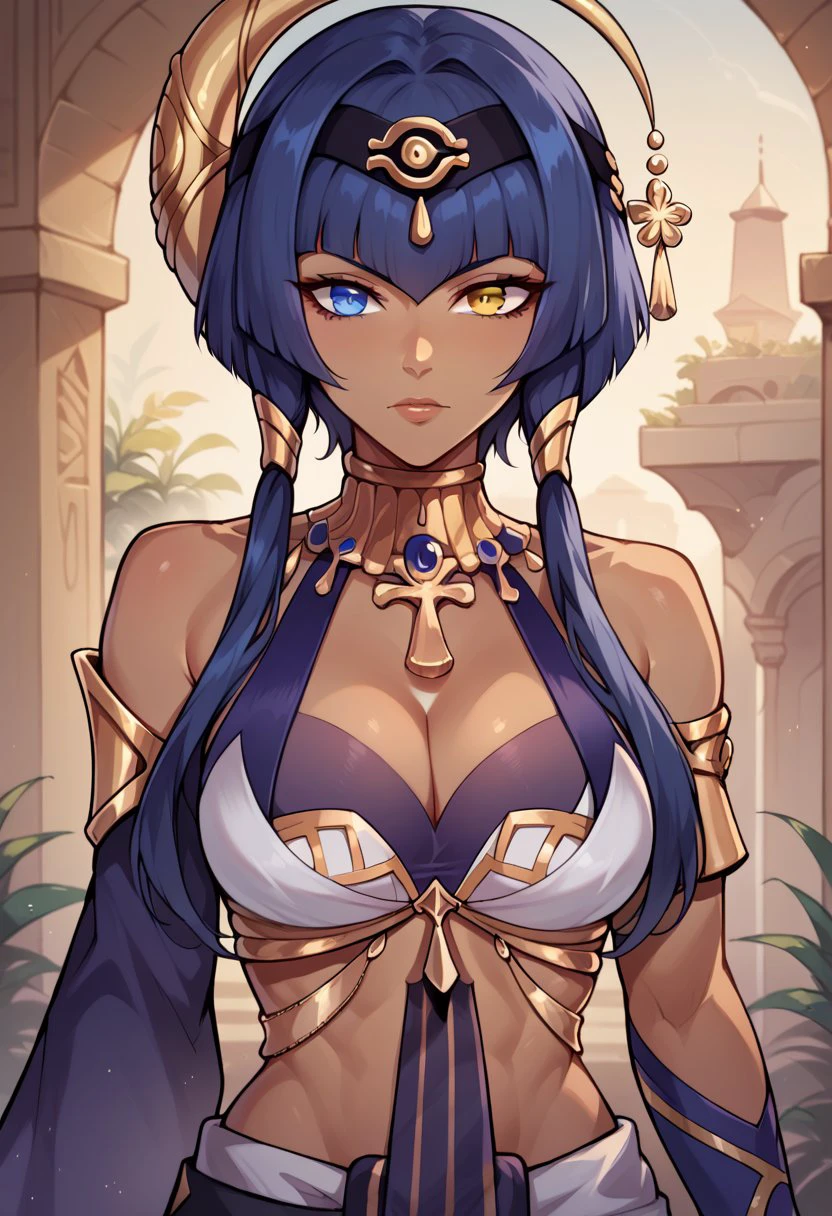 score_9, score_8_up, score_7_up, score_6_up BREAK
portrait, <lora:Candace_Genshin_Impact_PDXL:0.8> candace-dh, dark skin, eye of horus, bangs, blue hair, heterochromia, yellow eyes, blue eyes, jewelry, hair ornament, egyptian clothes, bare shoulders, hairband, detached sleeves, cleavage, sidelocks
