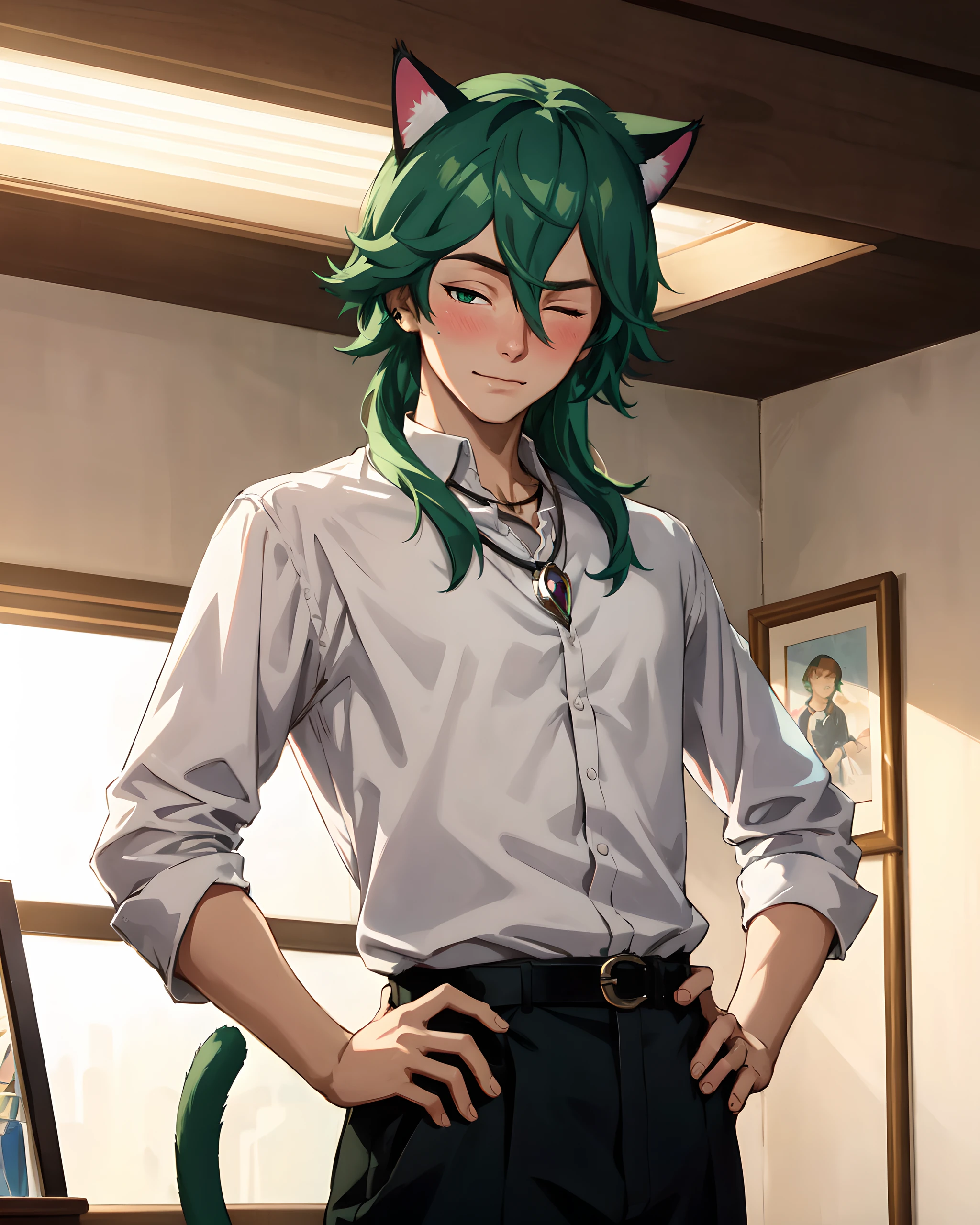 hs ezreal, solo, long hair, looking at viewer, shirt, 1boy, hair between eyes, male focus, green hair, necklace, white shirt, indoors, night, (best quality), (masterpiece), <lora:Heartsteel_Ezreal:0.6>, upper body, crossed arms,cat ears, heart, one eye closed, sitting, blush