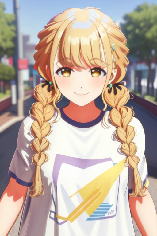 1girl, solo, masterpiece, <lora:fujitakotonev1:0.9>, fujita kotone, braid, blonde hair, long hair, yellow eyes, bangs, twin braids, white shirt, short sleeves, smile