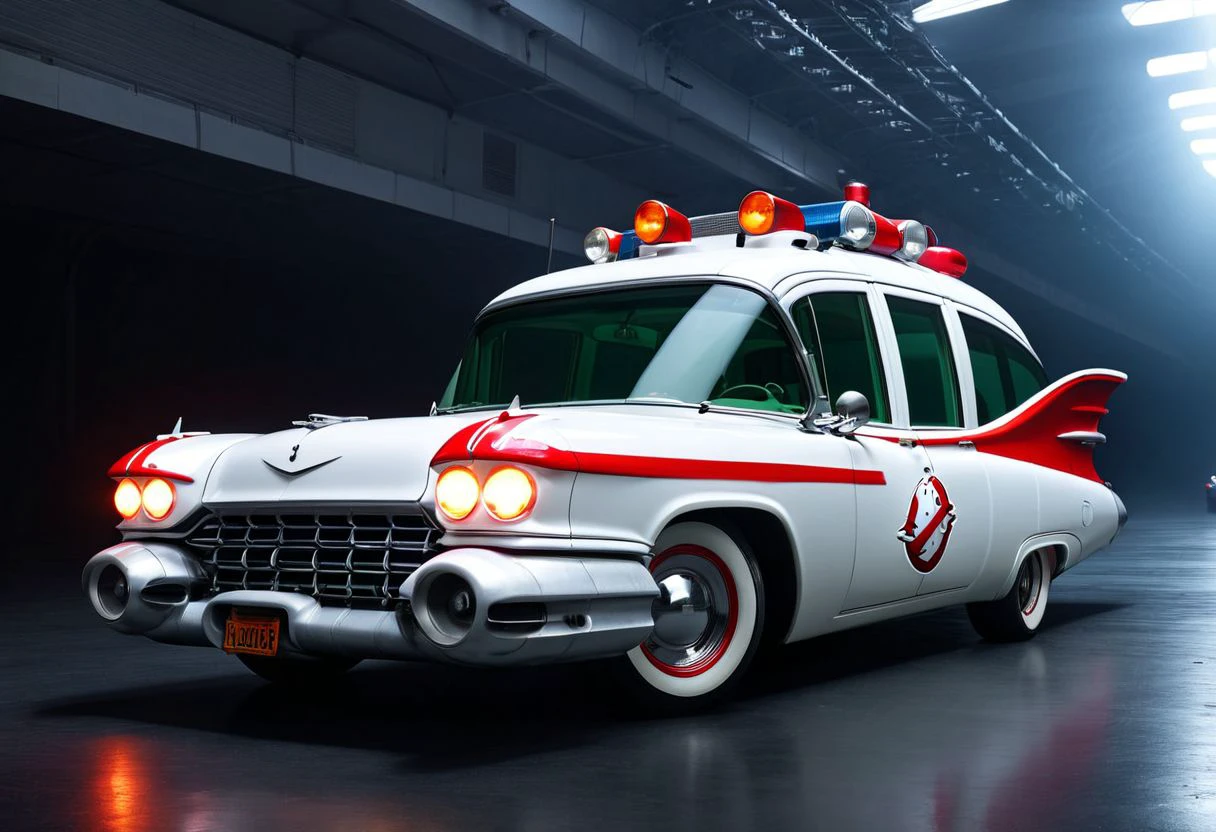 a photo of a studio lighting lit ecto_1 on a racetrack in futuristic New York City, white with red fenders and fins, vehicle focus, side view, low-key, beautiful, science fiction, best quality high resolution, beautiful, highest quality, masterpiece, highly detailed, best studio lighting, volumetric lighting, global illumination, highly detailed, sharp focus,
