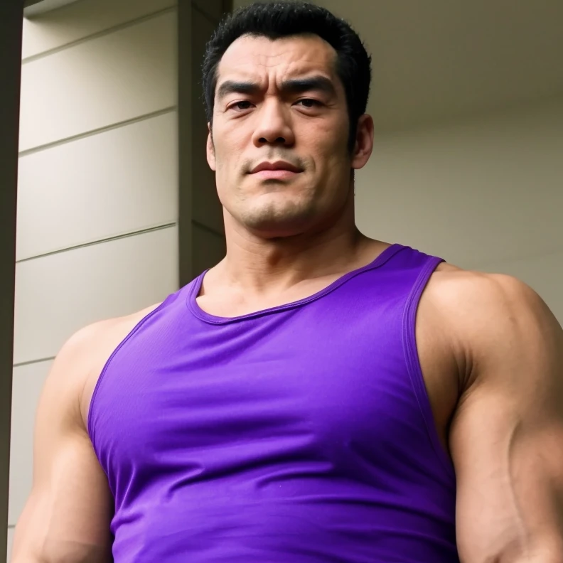 (RAW photo), upper body, <lora:OotaSensei:0.75>, japanese, ootasensei, muscular, 1boy, solo, absurdres, <lora:backlight_slider_v10:1.2>, looking at viewer, purple tank top