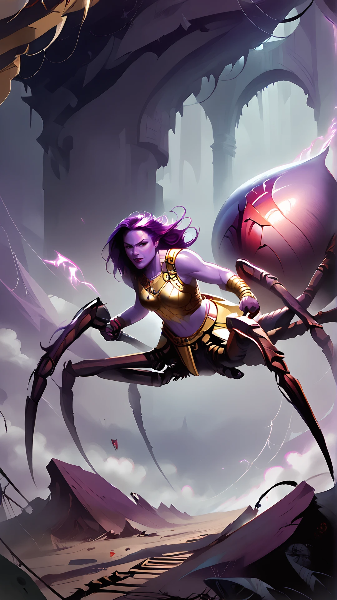 <lora:4r4chn1dPony:0.75>, score_9, score_8_up, score_7_up, score_6_up, fantasy 4r4chn1d, concept art, digital art, realistic, detailed face, solo, arachnid, creature desktop wallpaper, official_wallpaper, atmospheric, warrior, , combat stance, holding a weapon, purple hair, Spanish skin, Beehive, <lora:Smooth Anime 2 Style SDXL_LoRA_Pony Diffusion V6 XL:0.8>, in location safari, (Masterpiece:1.3) (best quality:1.2) (high quality:1.1)