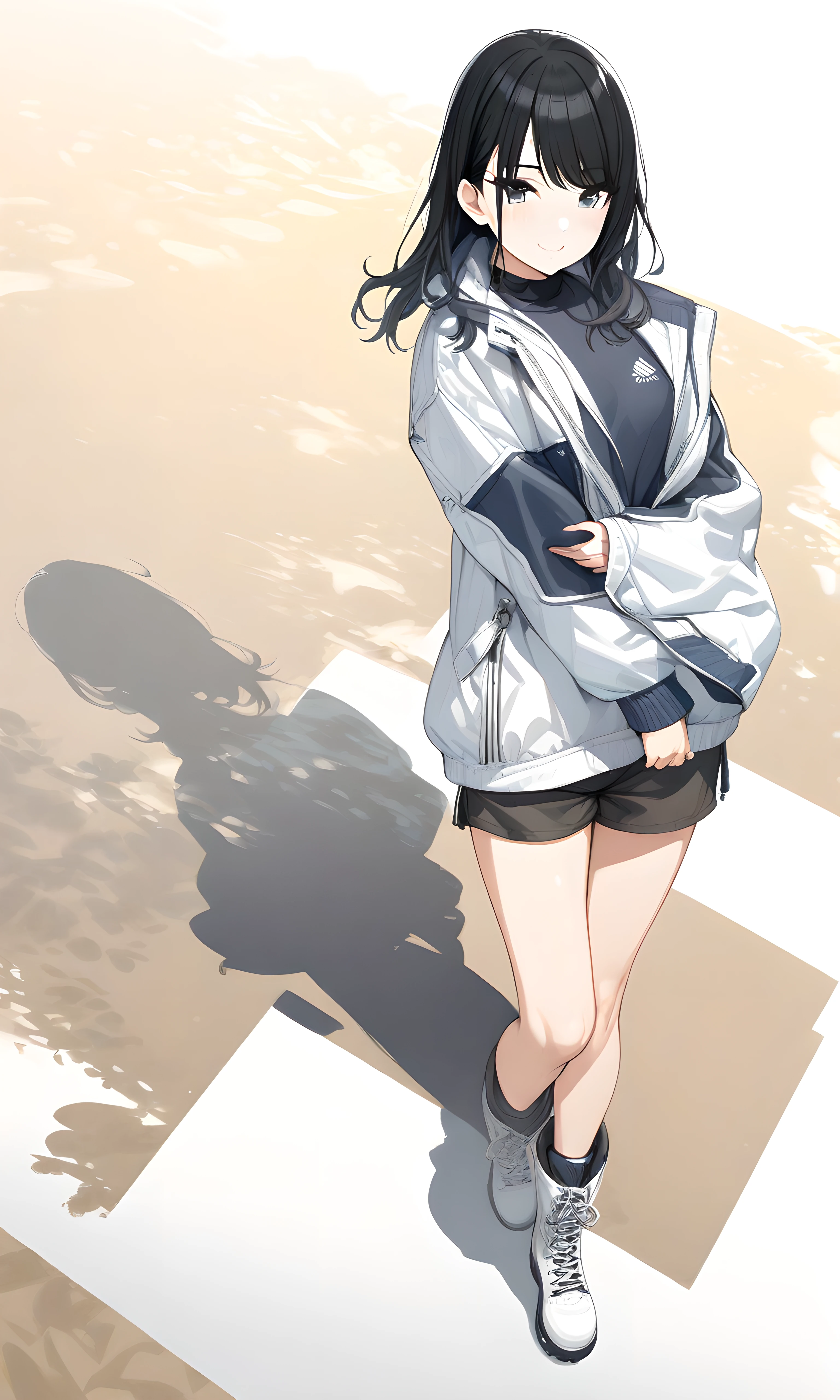 (masterpiece),(best quality),(ultra-detailed),(best illustration),(best shadow),(absurdres),(detailed background),(very aesthetic),  hiori kazano, 1girl, solo, black hair, boots, white background, shorts, full body, white footwear, simple background, smile<lora:XL-HioriKazanov1:1>