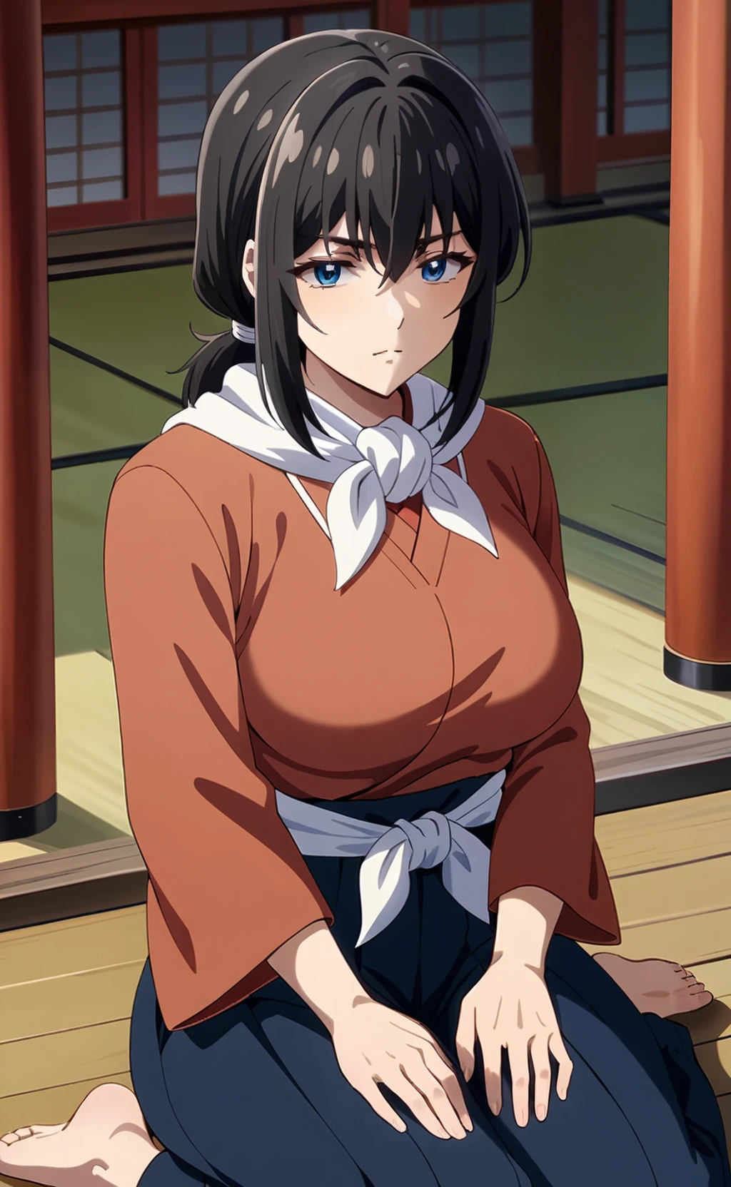 (masterpiece), (best quality), newest, (intricate details, very aesthetic), good hands  1girl, <lora:saitou_ine:1>, ine_wz, short hair, black hair, low ponytail, large breasts, blue eyes, japanese clothes, blue hakama, hakama pants, red kimono, wide sleeves, long sleeves, sash, sitting, wariza, looking at viewer, serious, temple, wooden floor, japanese temple, tied_scarf<lora:sd_xl_dpo_lora_v1:1>