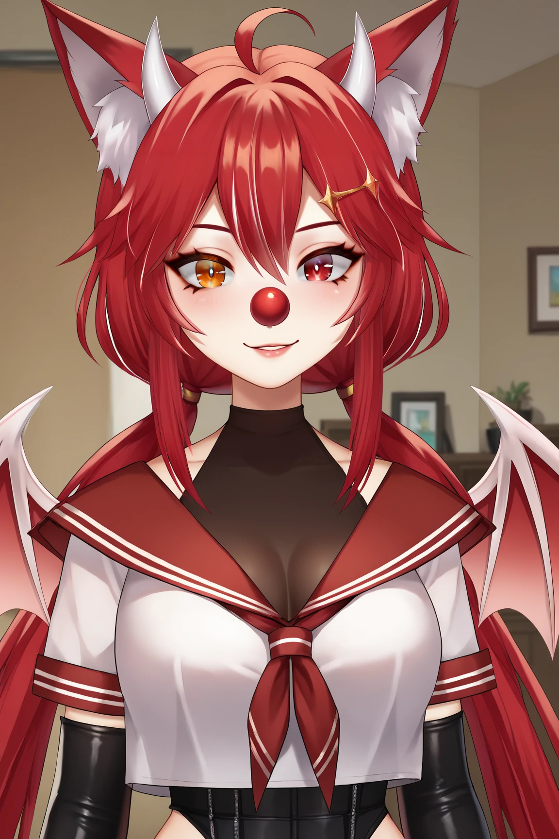 score_9, score_8_up, score_7_up, score_6_up, score_5_up, score_4_up, ChiimuuVTXL, solo, orange eyes, red eye, heterochromia, red hair, twintails, long hair, ahoge, hair ornaments, hair between eyes, bangs, (red fox ears), ((white horns)), clown nose, medium breasts, serafuku, sailor collar, school uniform, crop top, wings, elbow gloves, fingerless gloves, (portrait shot, upper body), seductive smile, looking at viewer, indoors <lora:ChiimuuVTXL:0.8>