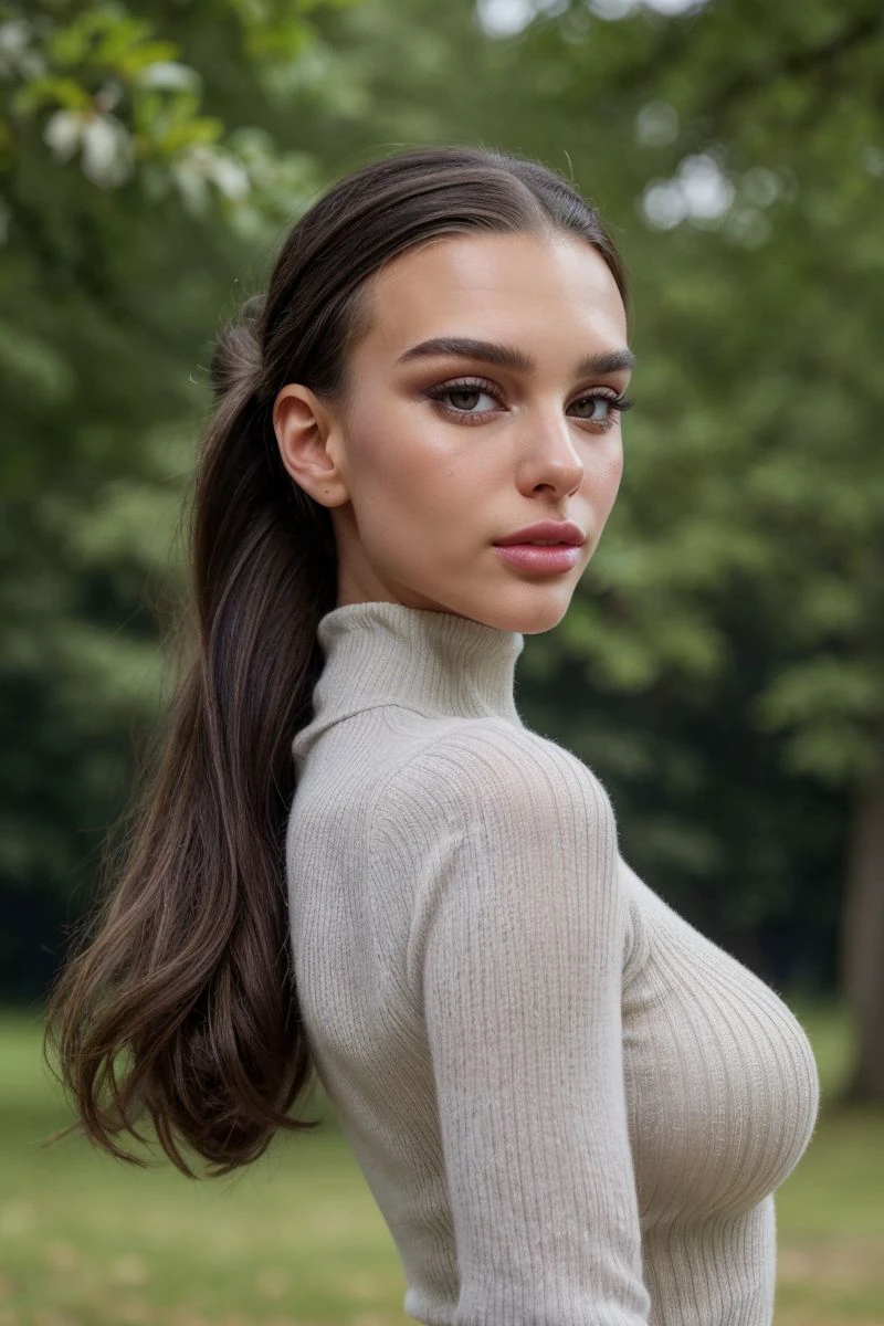 headshot of S413_IrinaRepei,a gorgeous woman,in a (park:1.1),wearing a (turtleneck:1.1),(updo-hair),(4k, RAW photo, best quality, 50mm, depth of field, ultra high res:1.1),(intricate, photorealistic, cinematic-shot, masterpiece, ultra-detailed:1.1),