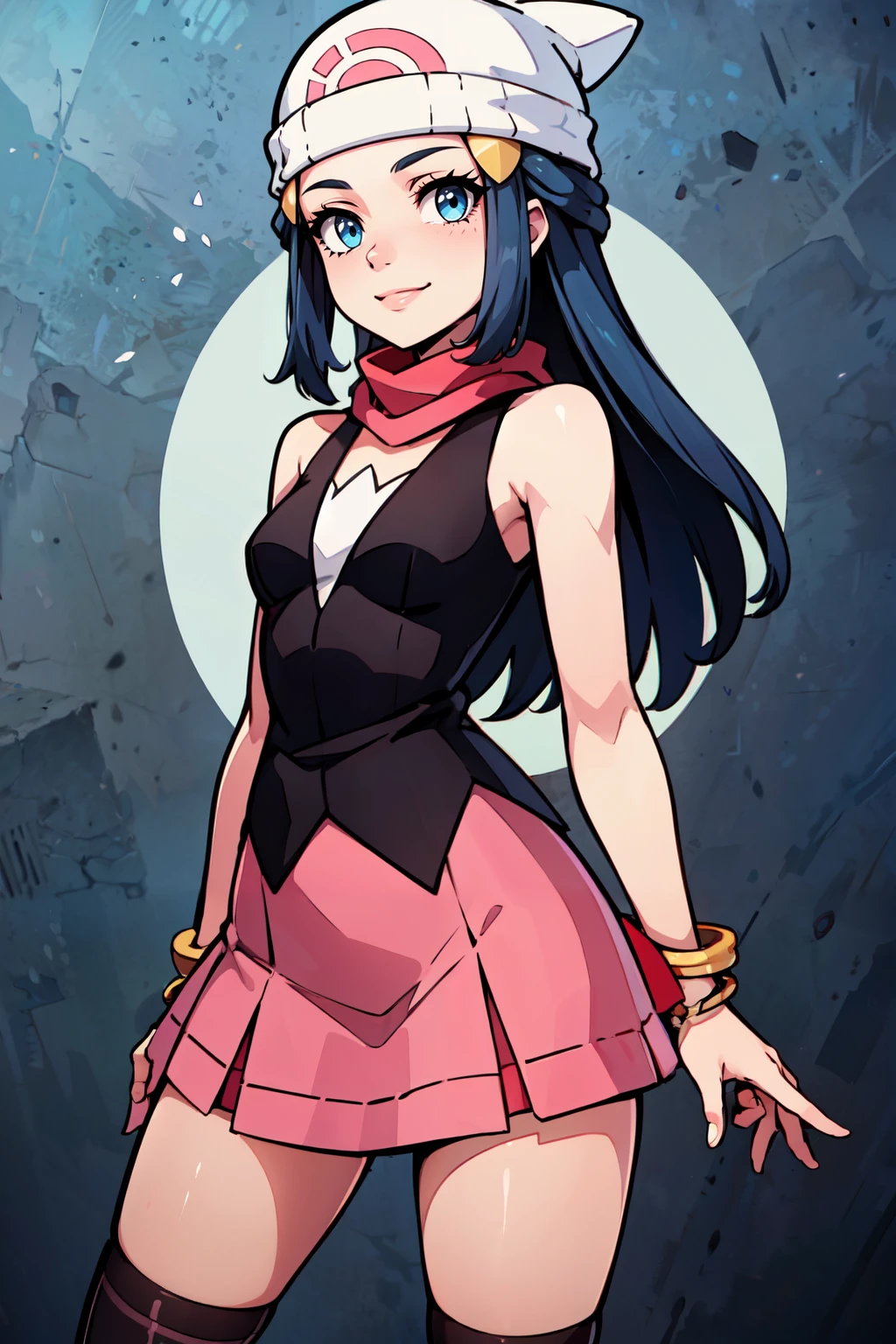 ((masterpiece,best quality)), absurdres, <lora:Dawn_v5:0.7>, zzDawn, blue hair, blue eyes, sidelocks, long hair, bare shoulders, beanie, black shirt, black socks, bracelet, hat, jewelry, kneehighs, miniskirt, pink skirt, red scarf, scarf, shirt, skirt, sleeveless, sleeveless shirt, white headwear, solo, looking at viewer, smile, cowboy shot,
