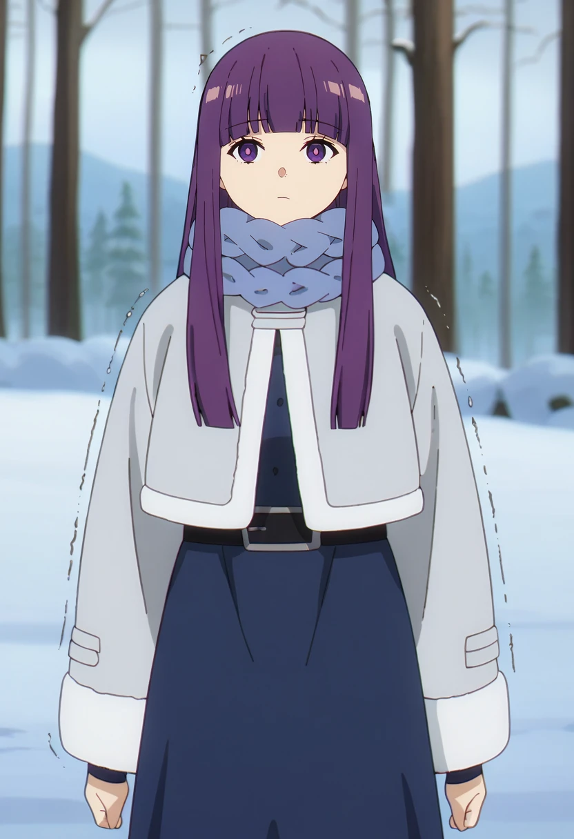 score_9, score_8_up, score_7_up,
<lora:SousouNoFrieren_FernXL:0.9>, FernSSnF,
1girl, solo, closed mouth,
purple hair, long hair, purple eyes, bright pupils, blunt bangs,
FernWinter, blue scarf, grey coat, blue dress, black belt,
standing, looking at the viewer, trembling, shiver lines,
forest, tree, winter, snow, snowing, blizzard, cold, nature, photo background, blurry background