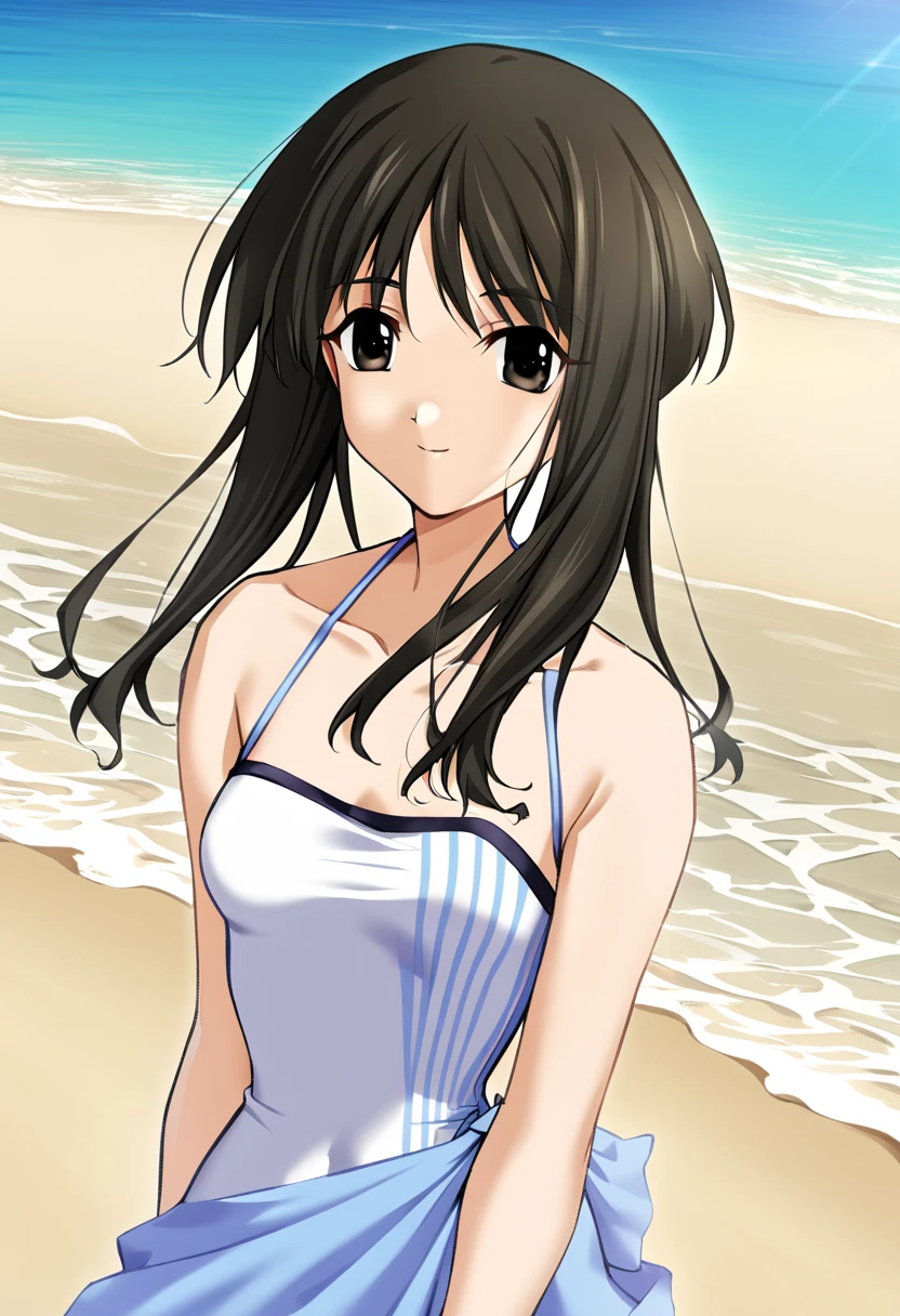 1girl, tsubame\(memories off 2\), solo, looking at viewer, summer, beach, day, smile, collarbone, white swimdress, black eyes, black long hair, bare shoulders, upper body, standing, bare arms, closed mouth, outdoors, masterpiece, best quality, very aesthetic, absurdres, <lora:tsubame:1>