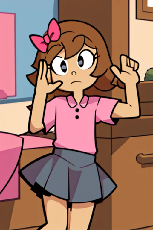 <lora:xierra-10:1> xierra, , solo, <lora:fnaf elizabeth afton-08:1> elizabeth , elizabeth, , bow, pink shirt, blue skirt, hair bow, solo, masterpiece, best quality