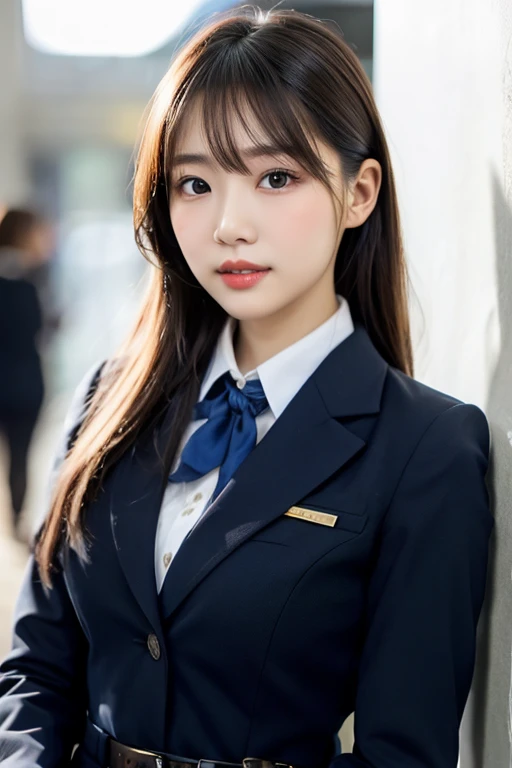 shiny skin, lips, super detailed skin, detailed beautiful face and eyes, spotlight, professional lighting, (upper body:0.8), stewardess, black skirt, jacket, short shirt, kooo123,  <lora:Uniform_stewardessOO_v1:0.7>