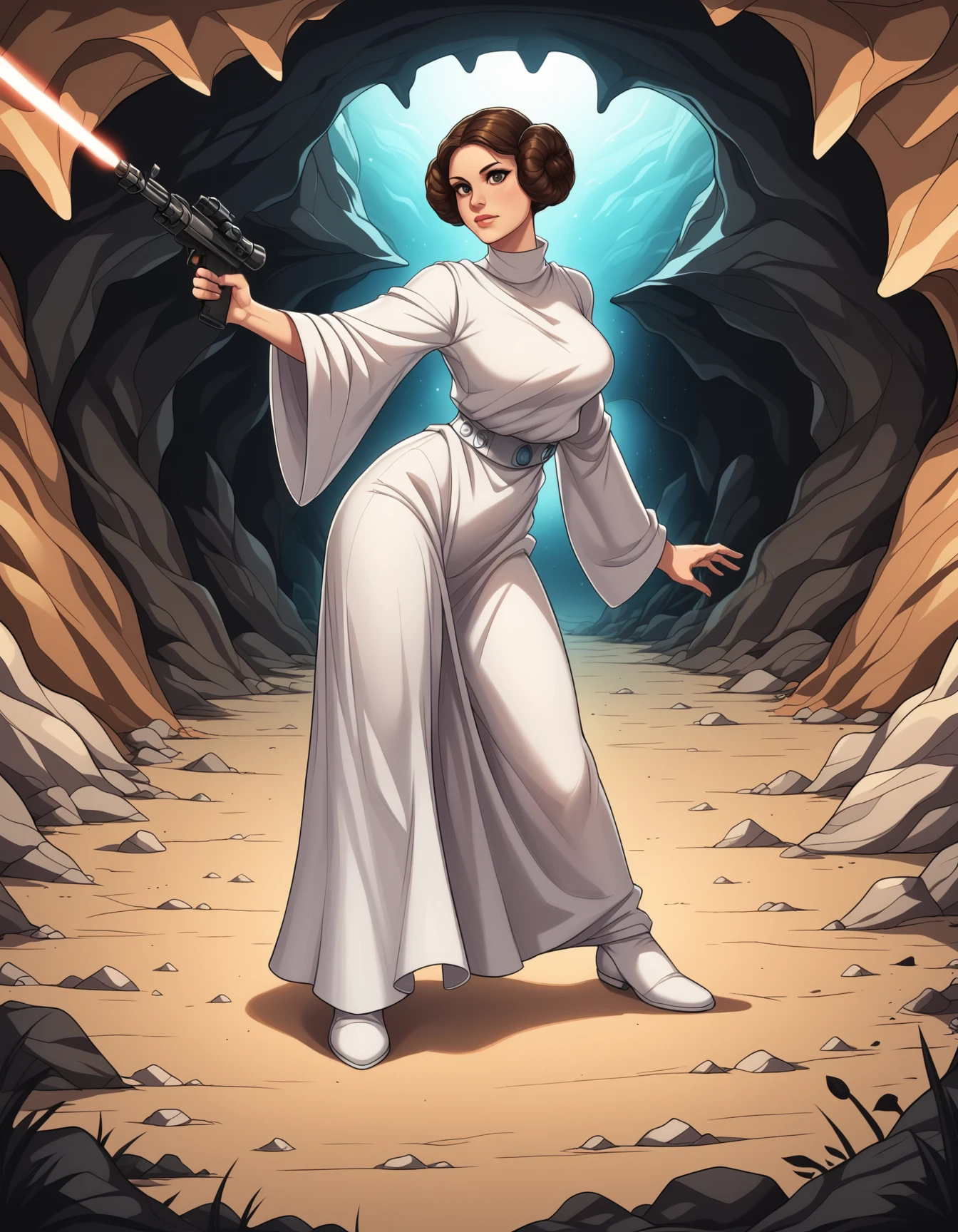 score_9, score_8_up, score_7_up, score_6_up, score_5_up, score_4_up,  
leia_organa,rating: explict,kyuyongeom,  brown eyes, dress,1girl,lasergun, weapon, dynamic pose, large breasts, landingfield, cave, sexy leg
