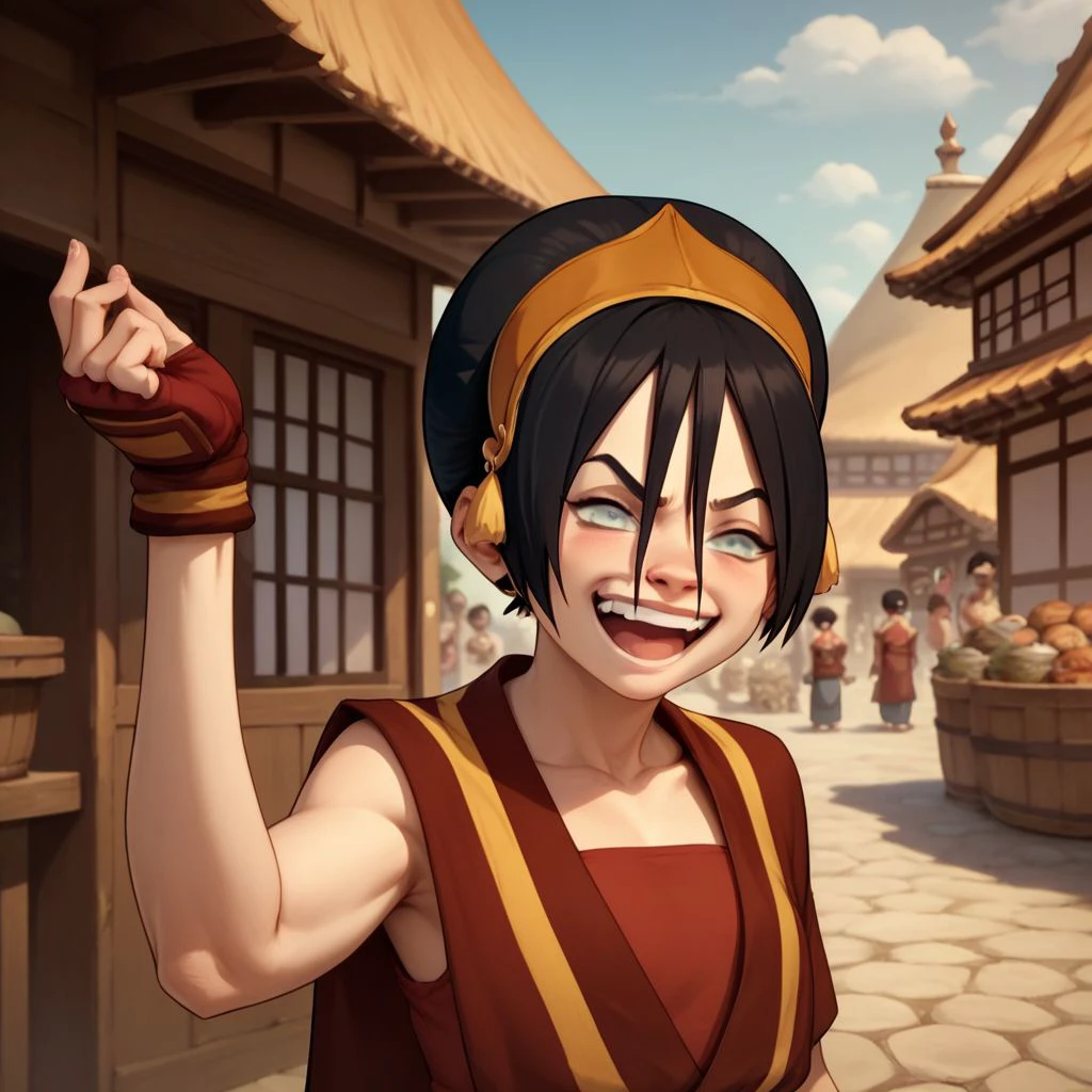 score_9, score_8_up, score_7_up, score_6_up, score_5_up, score_4_up, 1girl, Toph, blind, in a Japanese village, laughing