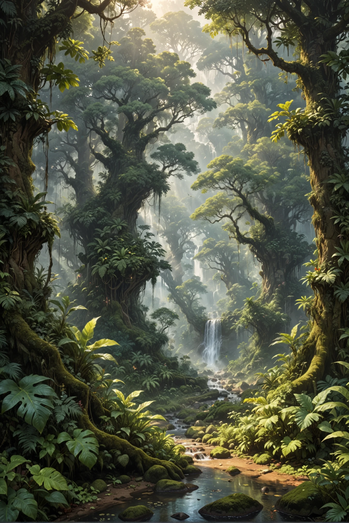 designed by Ross Tran, Antonio J. Manzanedo, Tom Bagshaw, landscape of a lush forest scene takes place in the heart of a dense jungle, with vines and leaves stretching out as far as the eye can see. The sun shines down on the landscape, casting long shadows across the ground. In the center of the frame, Raining, Yankeecore, Nostalgic lighting, Electic Colors