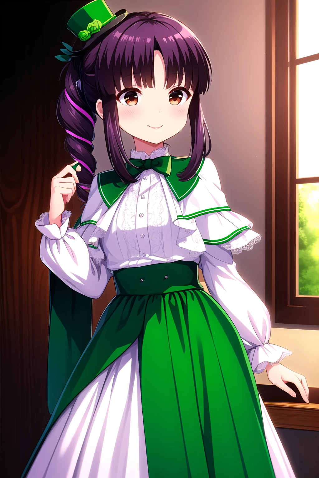 (masterpiece, best quality), highly detailed background, perfect lightingbest quality, nanamishiki, solo, indoors, purple hair, ponytail, parted bangs, blunt bangs, wavy hair, long hair, brown eyes, small breasts, mini top hat, black headwear, green capelet, green dress, white shirt, black bowtie, lace, long sleeves, lace-trimmed sleeves, green skirt, frilled skirt, high-waist skirt, smile, closed mouth, :), pink lips, <lora:Nanami-Shiki:0.7>