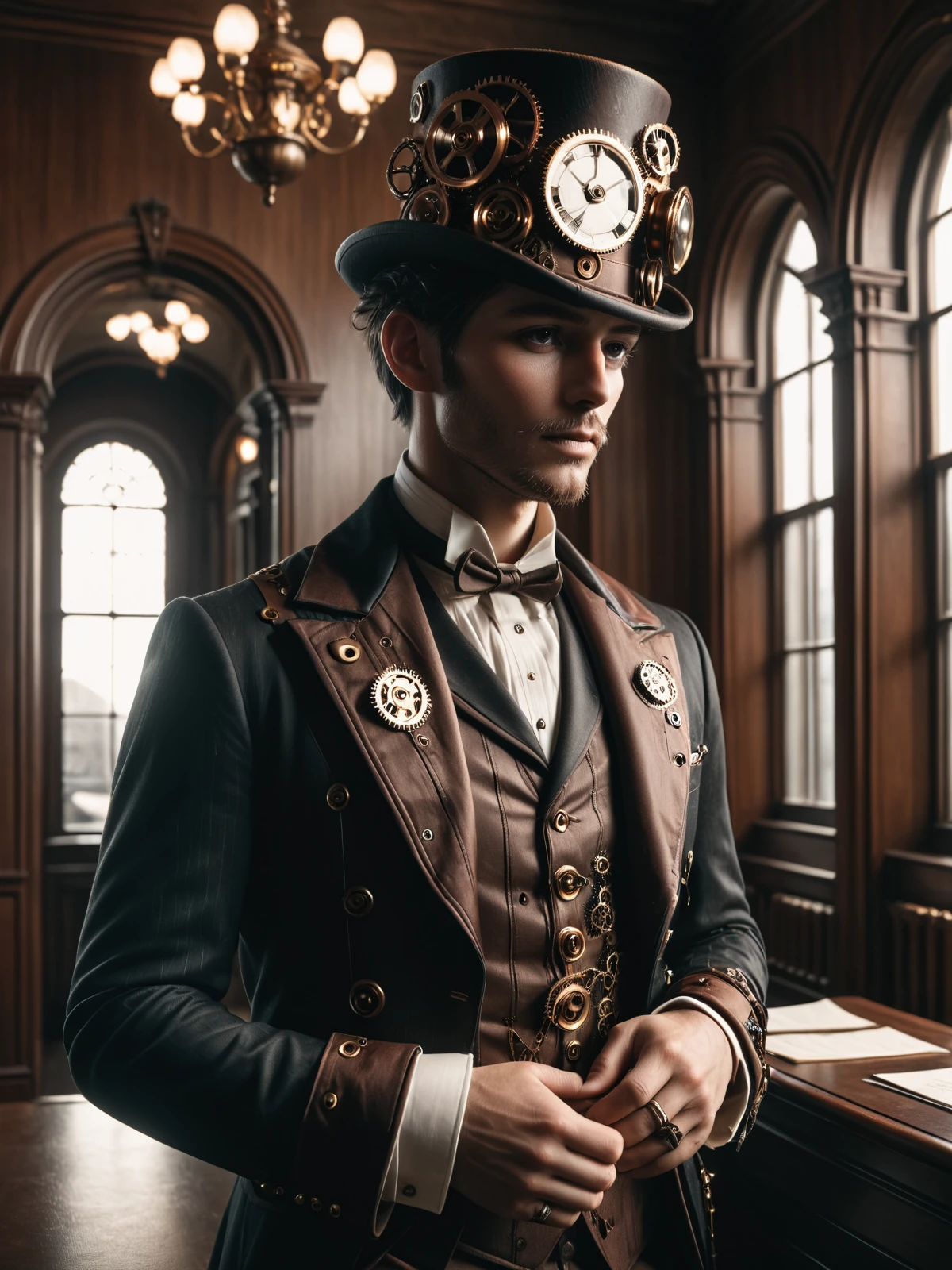 man wearing a mad-stpk-ht and tuxedo, steampunk, office, Victorian architecture, <lora:Gearbound_Steampunk_Chic_2_SDXL:0.9>, raw photo, film grain, Fujifilm XT3, (photorealistic, realistic:1.2), deep shadow, 8k, uhd, dslr, ultra high res