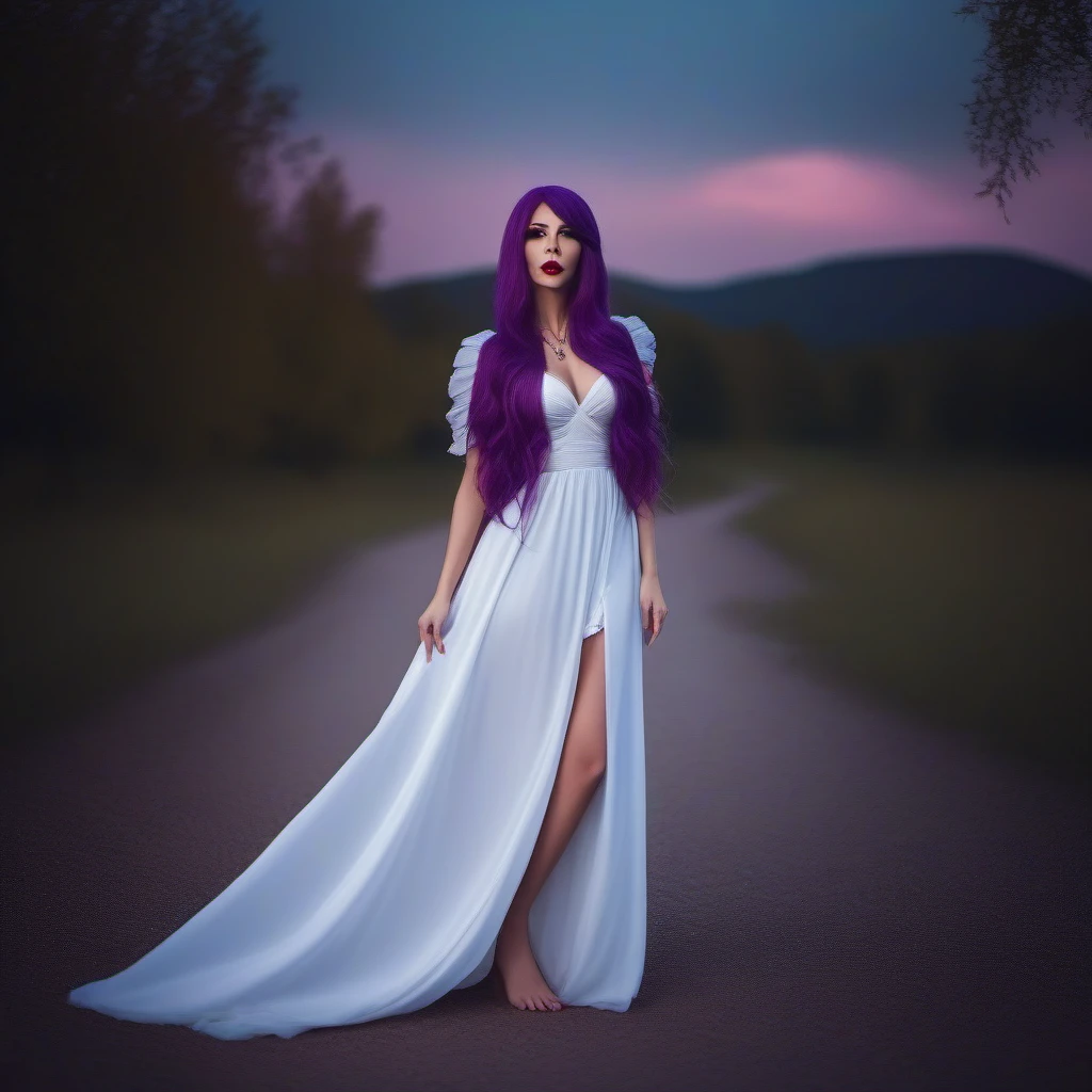 cinematic photo full body woman with long purple hair and red eyes , tongue, large breast, whire dress <lora:RizeKamishiro1024:0.8> . 35mm photograph, film, bokeh, professional, 4k, highly detailed