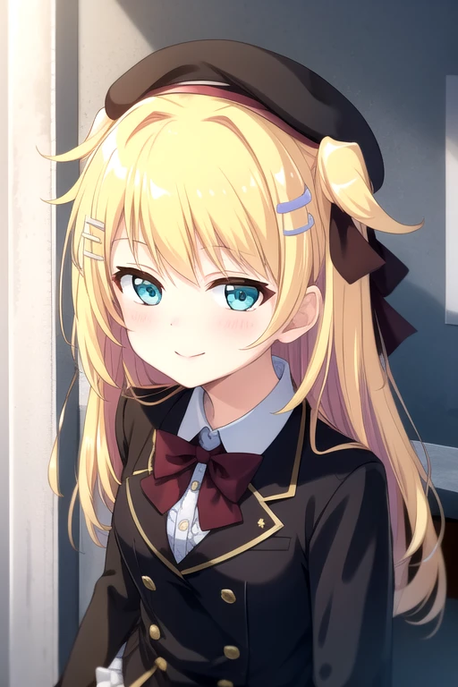 ((masterpiece)),(best quality),official art,extremely delicate and beautiful,extremely detailed CG,unity 8k wallpaper,ultra detailed,beautiful detailed eyes,extremely detailed face,outdoors,1girl,solo,upper body,(portrait:1.5),looking at viewer,facing viewer,smile,(petite:1.4),Lunalight Baker,beret,black headwear,long hair,blonde hair,shiny hair,floating hair,hair intakes,hair ribbon,two side up,crescent hair ornament,hairclip,sidelocks,bangs,aqua eyes,school uniform,black jacket,blazer,wing collar,black bowtie,collared shirt,white shirt,long sleeves,large breasts,miniskirt,white skirt,frilled skirt,pleated skirt,zettai ryouiki,black thighhighs,high heels,red footwear,<lora:Lunalight Baker(Hatsukoi Syndrome)>,