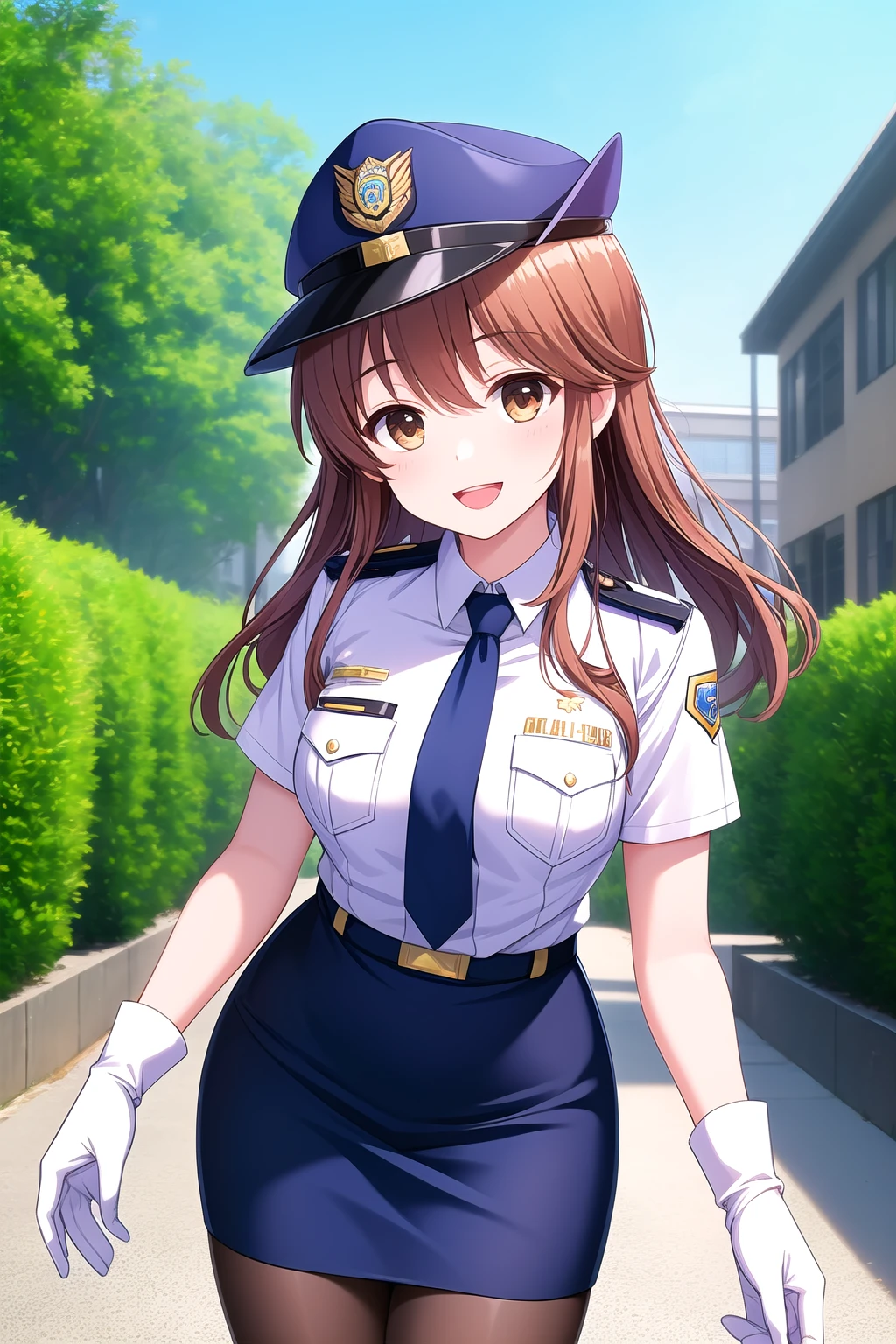 (masterpiece, best quality), highly detailed background, perfect lightingbest quality, kawakamiseri, solo, outdoors, building, nature, policewoman, police hat, blue headwear, light brown hair, hair between eyes, long hair, sidelocks, brown eyes, medium breasts, white shirt, blue necktie, short sleeves, white gloves, blue skirt, pencil skirt, miniskirt, black pantyhose, police uniform, smile, open mouth, :d, pink lips, <lora:Kawakami-Seri-2-10:0.7>