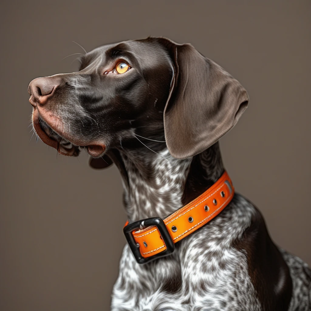 cat, german pointer dog, collar, animal focus, solo, orange eyes