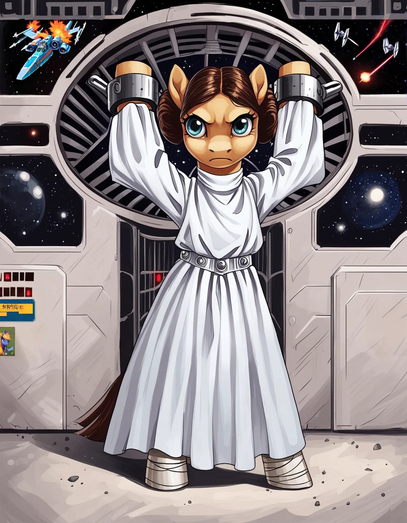 score_9, score_8_up, score_7_up, score_6_up, score_5_up, score_4_up,  
source: anime, Leia_Organa, pony, feral, cute,wearing a dress,fur, standing,restrained, background, deathstar,darth vader,space,spacestation,highly detailed, intricate details, digital art,  (dynamic pose:1.25),