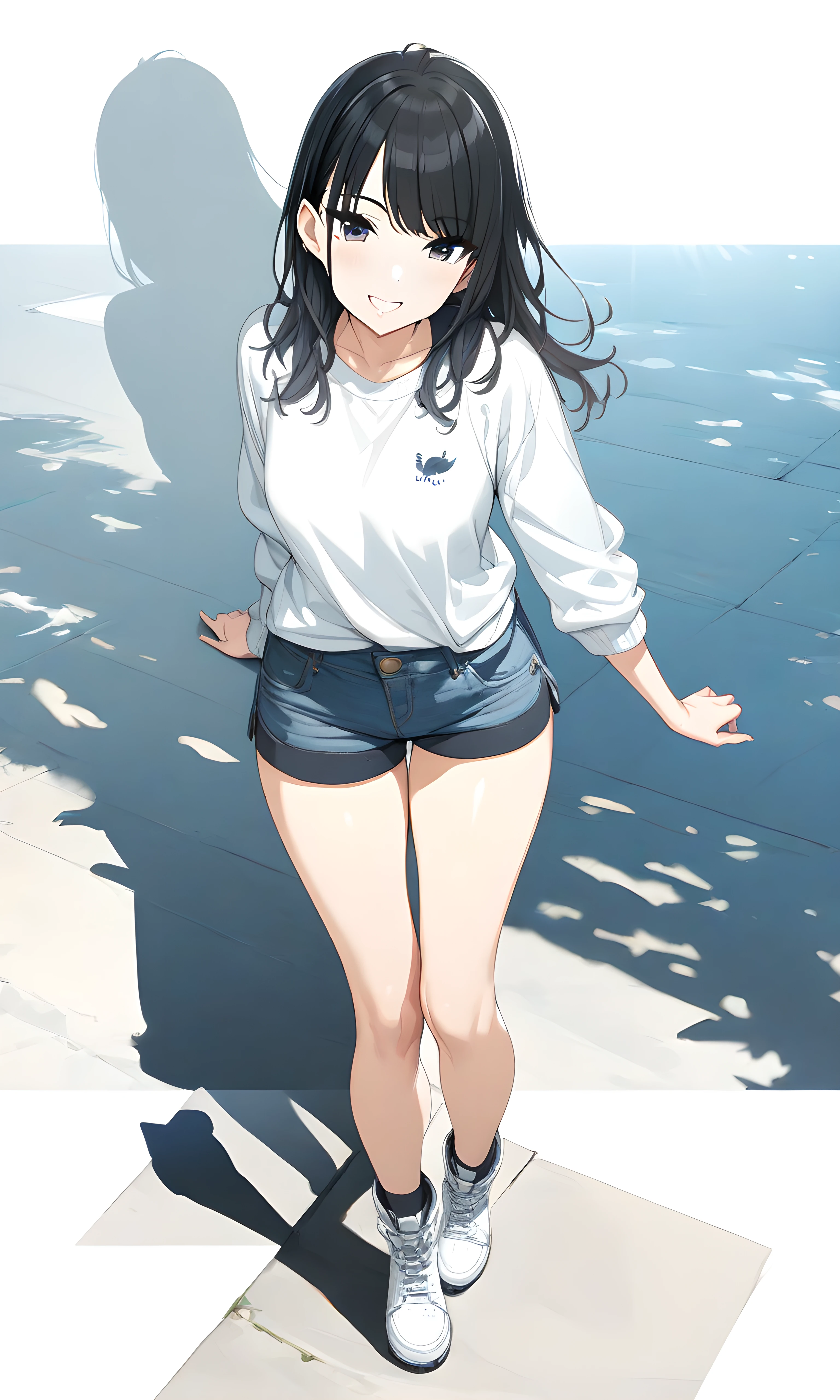 (masterpiece),(best quality),(ultra-detailed),(best illustration),(best shadow),(absurdres),(detailed background),(very aesthetic),  hiori kazano, 1girl, solo, black hair, boots, white background, shorts, full body, white footwear, simple background, smile<lora:XL-HioriKazanov1:1>