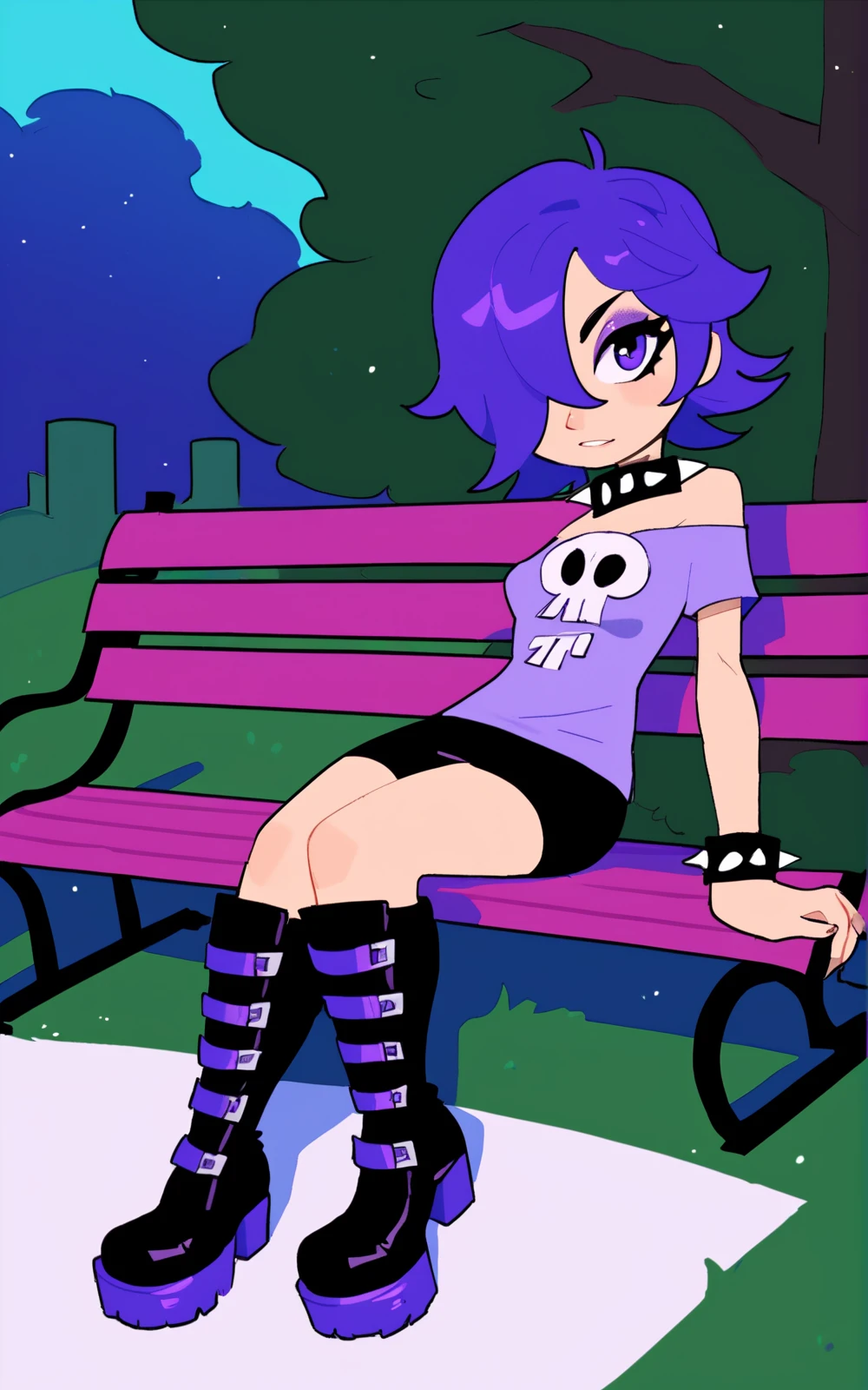score_9, score_8_up, score_7_up,((best quality)), absurdres,((full body)),<lora:3d-2d:0.8>, <lora:YumiYoshimuraPXL:0.8>,YumiYoshimuraPXL,purple hair, short hair, makeup, purple eyes,collar, spikes collar, shirt, (black skirt,skirt),purple shorts, bike shorts,purple shirt, skull, spiked bracelet,boots, black boots, bracelets,slim,hair over one eye,solo,sitting, park ,leaning back,bench,(night)