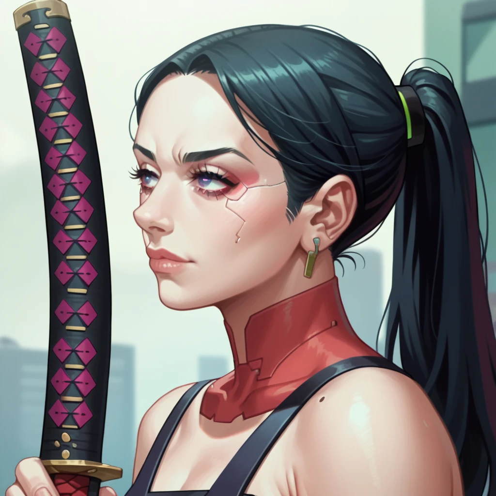 score_9, score_8_up, score_7_up, score_6_up,source_anime,anime 2d, anime screencap, a cyberpunk edgerunners woman with a futuristic katana, with black hair and purple eyes, closeup face, duxlipa,  <lora:dulipa_ponyxl_aut_xl_1_st_wicap_merger_54_94_06_04-duxlipa:1>