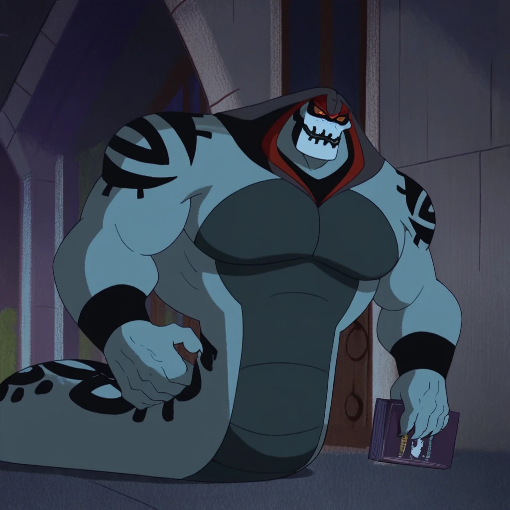 score_9, score_8_up, score_7_up, score_6_up BREAK Hex Snake, snake, serpentine, naga, 1boy, muscular male, large pectorals, very large muscles, tattoos, facial markings, yellow sclera, red pupils, hands on hips, grin, closed mouth