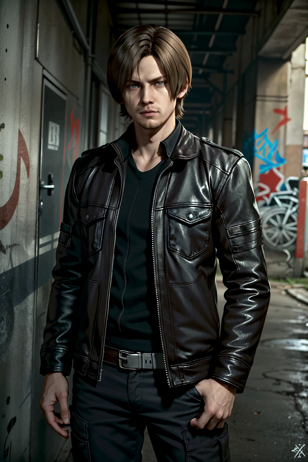 ((ultra detailed, masterpiece, absurdres))
<lora:RE6Leon:0.8>
RE6Leon, 1boy, brown hair, looking at viewer, standing in front of a graffiti-covered wall in a gritty urban alley