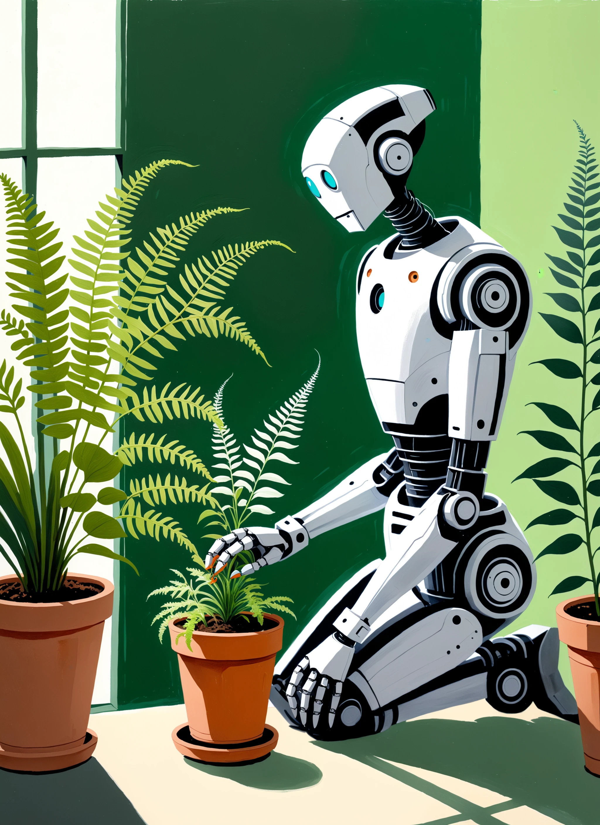 Portrait gouache painting, (Robot companion watering plants:1.3), Off-center placement, Robotic helper, Tending to ferns, (Vibrant greenery:1.2), Indoor garden background, Blooming flowers, Serene environment, Subtle shadows playing, (Botanical care:1.2), Soft strokes, Natural vibrancy <lora:Robot Head XL v1.0:1> robot_head