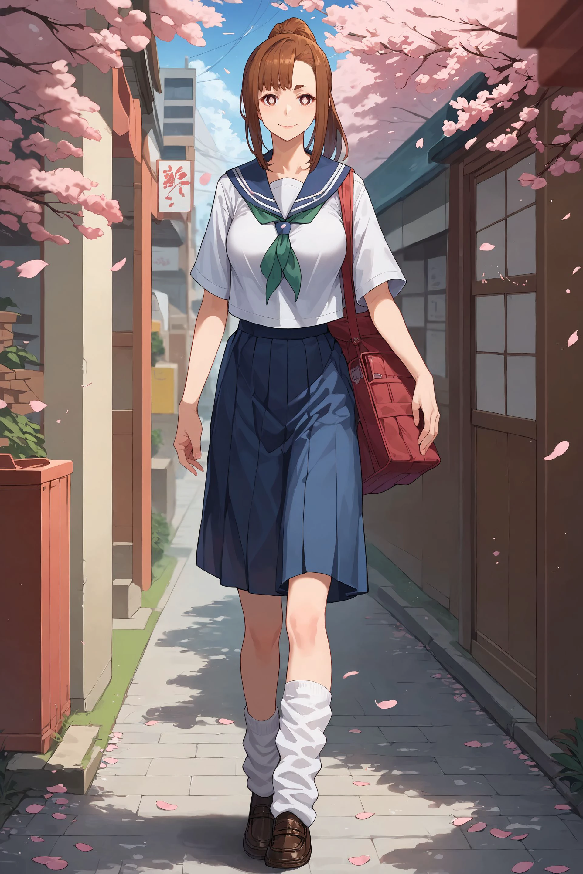 score_9, score_8_up, score_7_up, 1girl, ogawa sumireko, solo, white pupils, ponytail, asymmetrical bangs, aged down, medium breasts, serafuku, loose socks, loafers, light smile, looking at viewer, outdoors, street, walking, full body, cherry blossoms, petals, depth of field <lora:Char-OgawaSumireko-Pony-V1:0.8> <lora:Expressive_H:1>