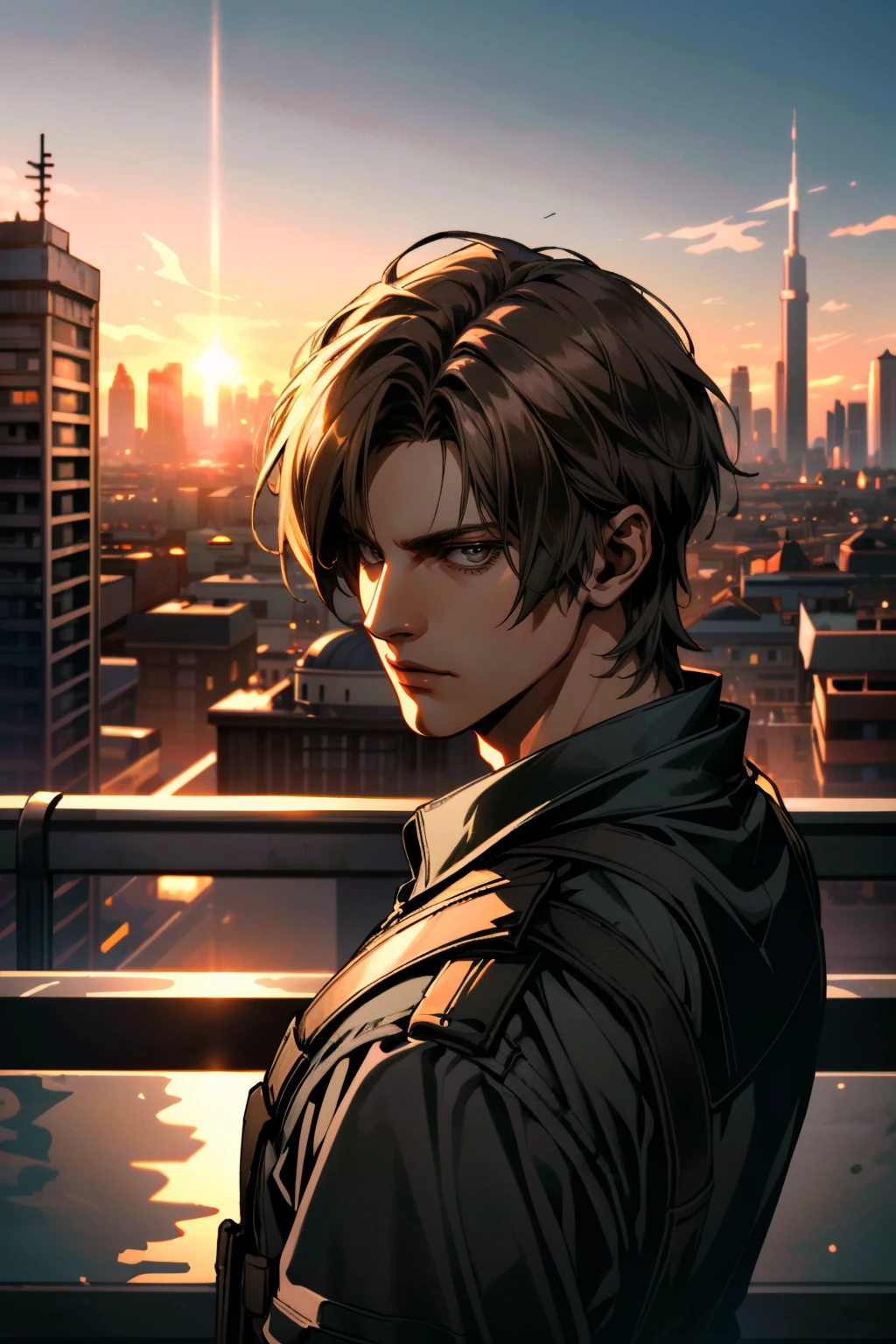 ((ultra detailed, masterpiece, absurdres))
<lora:RE6Leon:0.8>
RE6Leon, 1boy, brown hair, looking at viewer, Urban rooftop setting, city skyline in the background, golden hour lighting