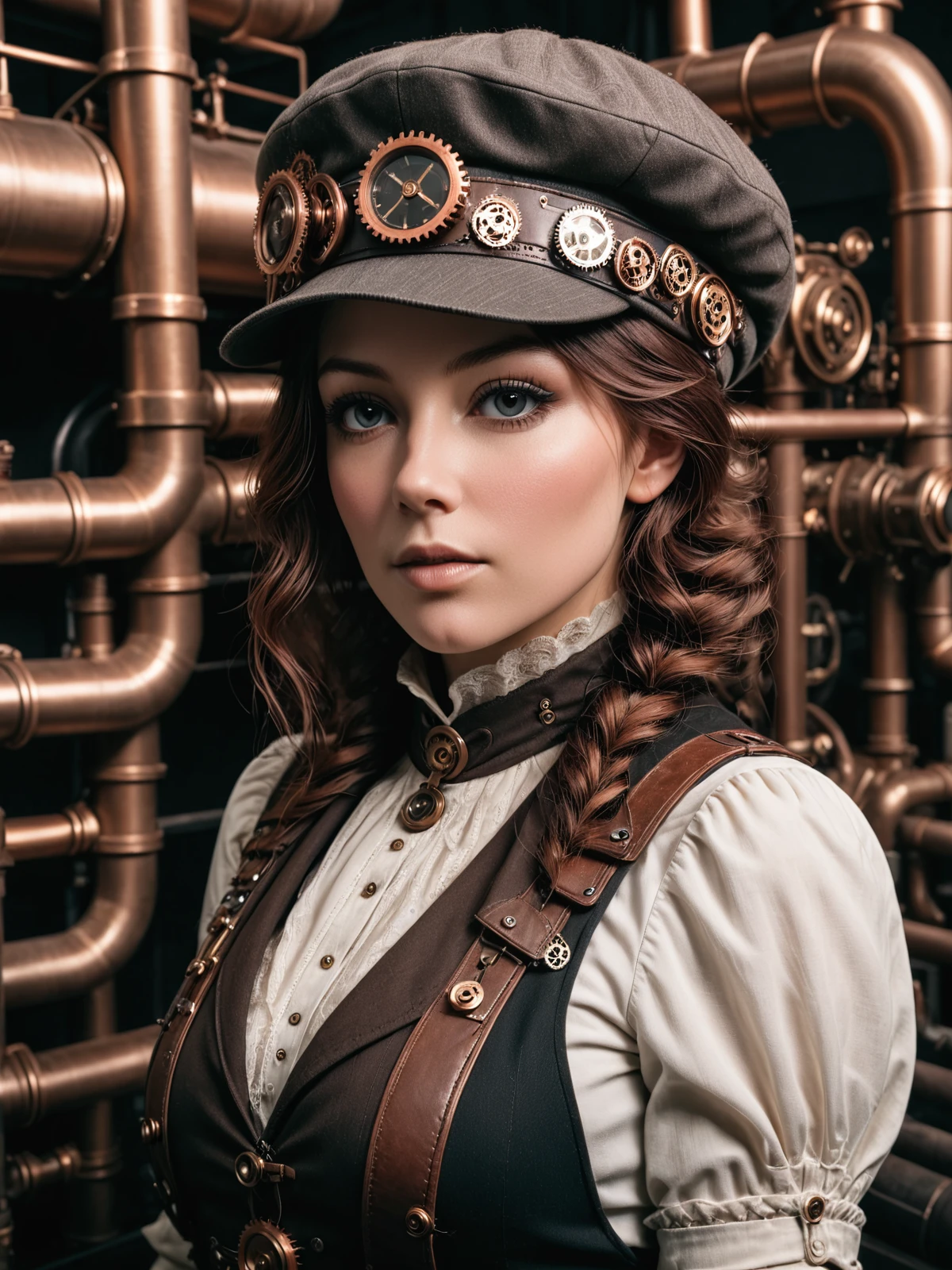 woman wearing a mad-stpk-flcp flatcap, steampunk,  portrait, close-up,  pipes, tanks, steam <lora:Gearbound_Steampunk_Chic_2_SDXL:0.8>, raw photo, film grain, Fujifilm XT3, (photorealistic, realistic:1.2), deep shadow,  8k, uhd, dslr, ultra high res