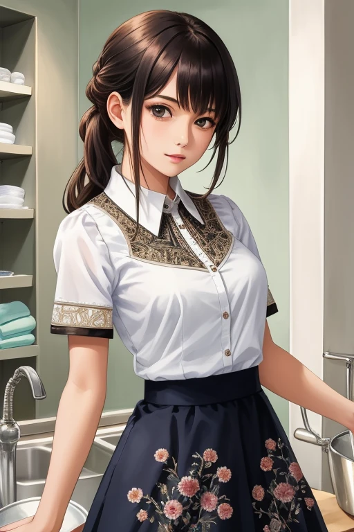 Anime Edition, upper body, female, shirt, skirt, Washing dishes, ((masterpiece, high quality, highly detailed, intricate detail))