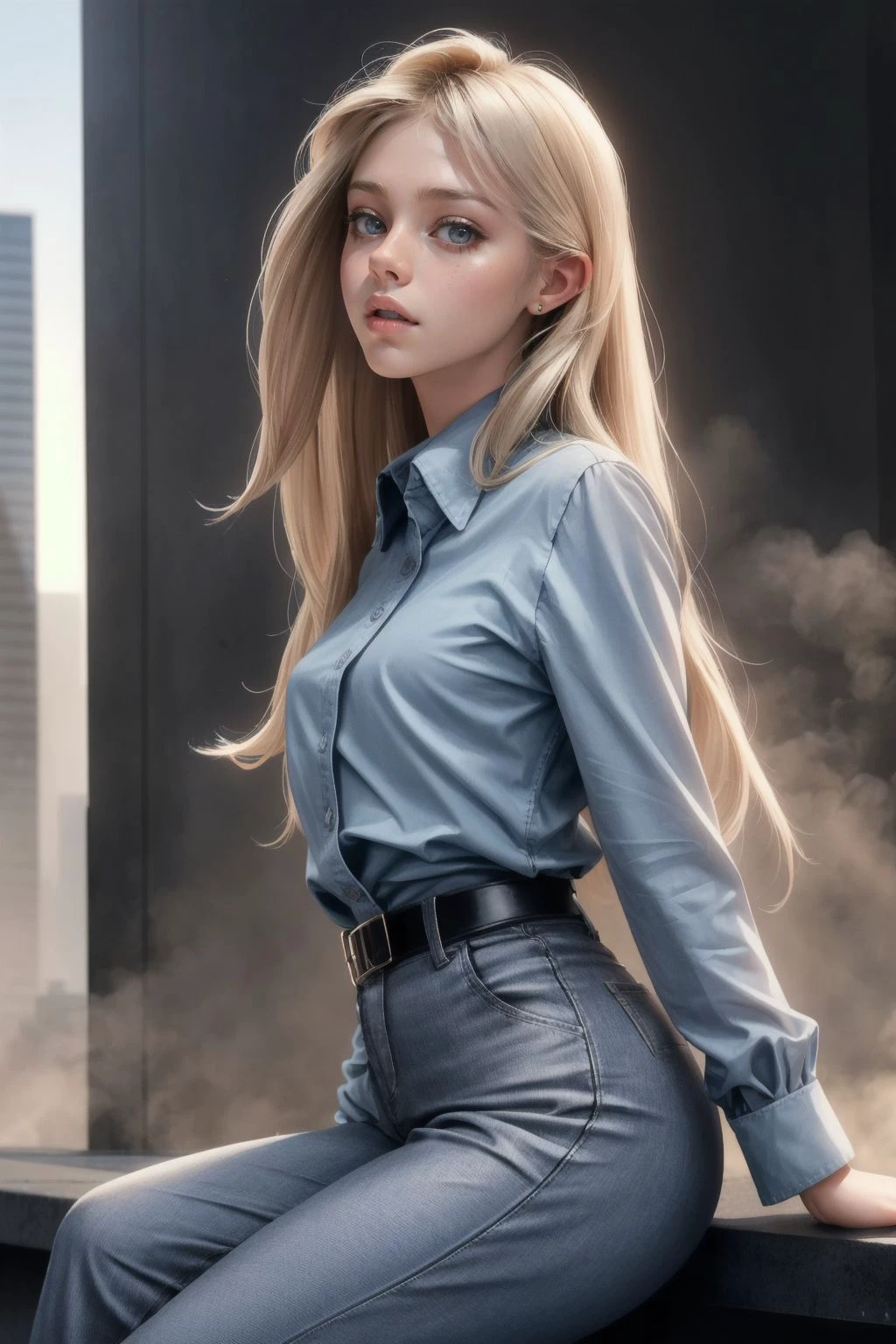 LoretoP, PA7_Photo, Street photography, Gorgeous, early twenty, woman, Long hair, Straight hair, Blonde hair, Grey blue eyes, Cupid's Bow lips, Mauve lips, Calm, Medium breasts, Smart Casual dress, Wide leg pants, Top light, Caustics, Morning, Foggy, Skyscraper background, Panasonic Lumix S1, 50mm prime lens, Full shot, BREAK PA7_Portrait-MCU, Slanted angle, Kodak vision3 IMAX, ((Infraed filter)), (((PA7_Human-Likeness)))
<lora:add_detail:0.5>