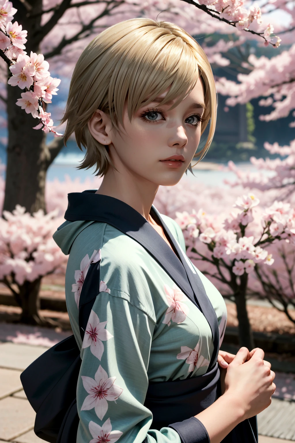 ((ultra detailed, masterpiece, absurdres))
 <lora:RE6Sherry:0.8>
RE6Sherry, 1girl, short hair, blonde hair, looking at viewer, yukata, japan, cherry blossoms, hair ornament