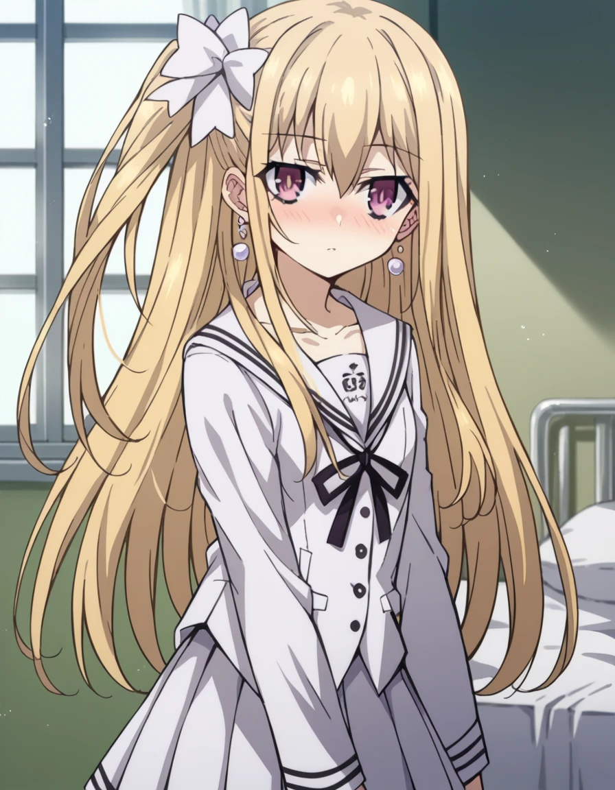 score_9, score_8_up, score_7_up, source_anime,
dalmayuri, <lora:dal-mayuri-movie-ponyxl-lora-nochekaiser:1>,
mayuri, long hair, blonde hair, hair between eyes, hair bow, one side up, bow, purple eyes,
shirt, ribbon, jewelry, school uniform, collarbone, earrings, serafuku, black ribbon, neck ribbon, skirt, white skirt, pleated skirt,
indoors, bed, bed room, on side, blush, drunk,
solo, dutch angle, looking at viewer, cowboy shot,