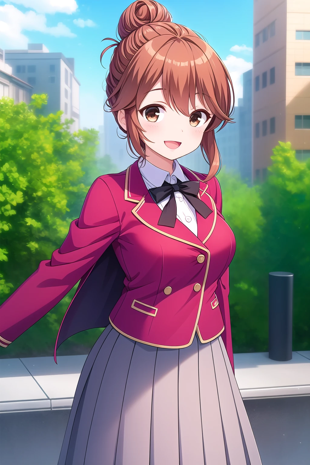 (masterpiece, best quality), highly detailed background, perfect lightingbest quality, kawakamiseri, solo, outdoors, building, school, light brown hair, hair bun, hair up, hair between eyes, short hair, sidelocks, brown eyes, medium breasts, red jacket, blazer, neck ribbon, black ribbon, white shirt, grey skirt, pleated skirt, long skirt, school uniform, smile, open mouth, :d, pink lips, <lora:Kawakami-Seri-2-10:0.7>