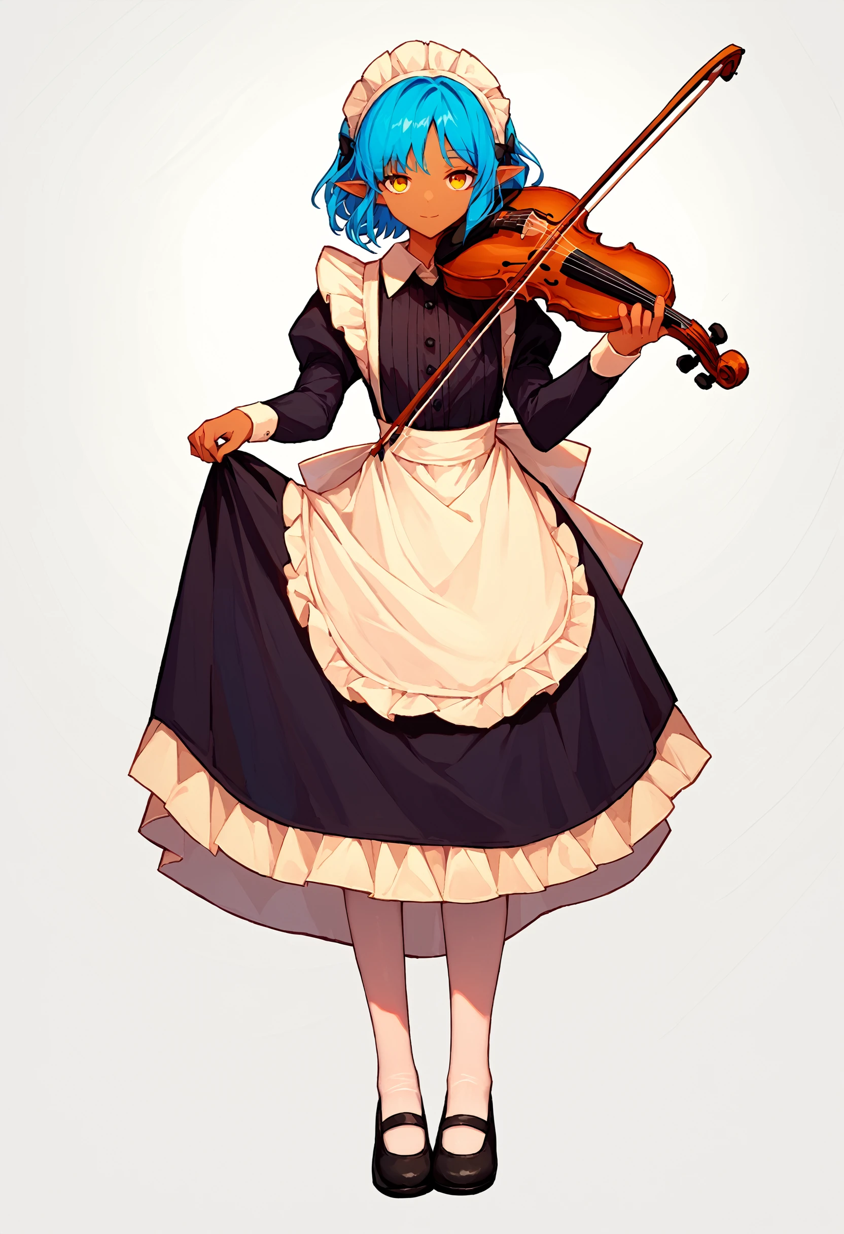 score_9, score_8_up, score_7_up, BREAK  
 1girl,   black dress, holding violin, violin, holding instrument, music, simple background, standing, holding, yellow eyes, medium hair, blonde hair, violin focus \(event art\), smile, puffy sleeves, dark-skinned female, maid headdress, pantyhose, closed mouth, pointy ears, looking at viewer, holding bow \(music\), dark skin, black footwear, full body, white background, dress, playing instrument, bow \(music\), maid, instrument, white apron, frills, waist apron, mary janes, long sleeves, apron, white pantyhose, blue hair, juliet sleeves, skirt hold, shoes, expressionless
 <lora:[Orchestra] Violin DoRA PDXL TA-000030:1>