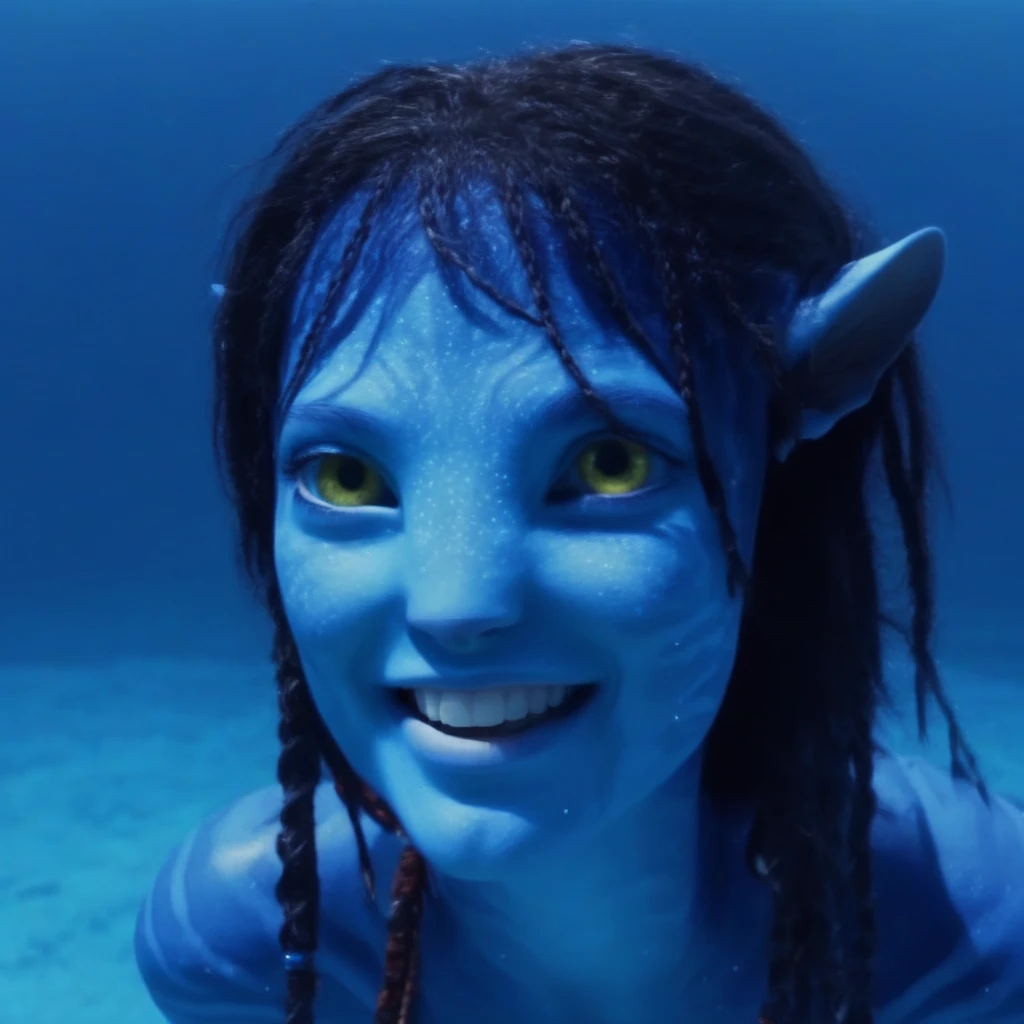 Na vi, Avatar, 1girl, alien, smiling, lots of details, blue skin, swimming, underwater, 4k, 8k, movie still, freckles