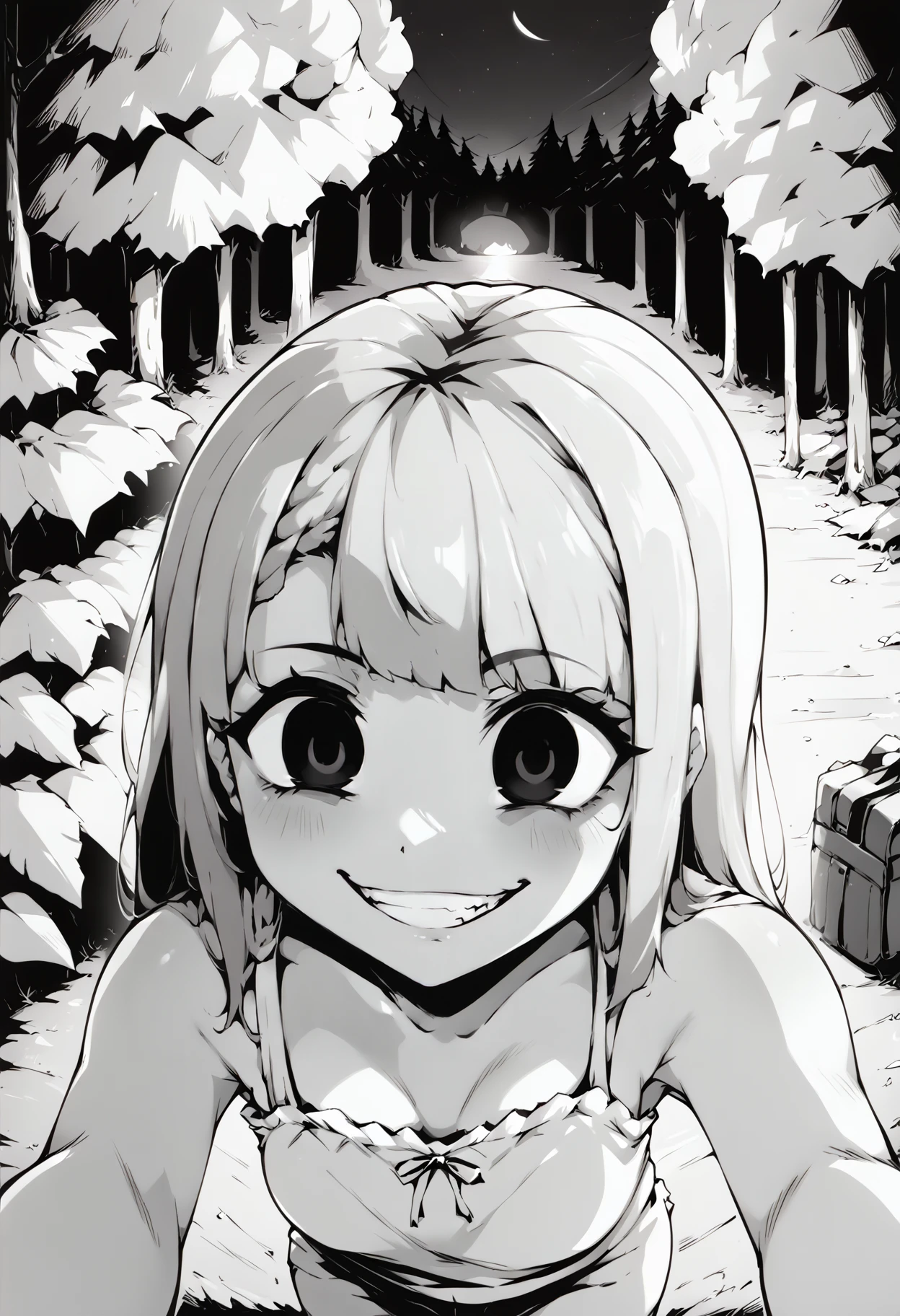 score_9, score_8_up, score_7_up, score_6_up, score_5_up, score_4_up, source_anime, uncensored, zPDXLxxx, <lora:intricate_details:1> indoors, dark foreground, dark forest, trees, night, pov, from above, face focus
<lora:Sister_Monochrome_Fantasy_v1.1:1> imouto, sister, 1girl, solo, monochrome, greyscale, long hair, camisole, wide-eyed, looking up, empty eyes, black eyes, looking at viewer, grabbing viewer, <lora:gesugao_v1_unpruned:1> gesugao, evil grin, shaded face