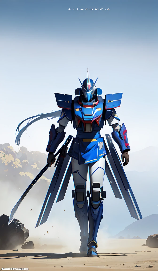 full body concept art of a mech space samurai with jet pack and thin mech wings, hovers above ground, dust swirls under him, realistic, cinematic, atmospheric, sci - fi character, cctane render, by moebius, alphonse mucha, roger deakins, masamune shirow