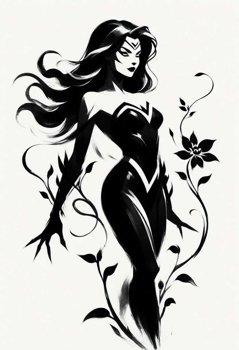 ShodoShuji-Swipe, (brush strokes:1.1), silhouette of X-Men character Rogue with long hair flowing in swirls, black and white,flower, dress, from side, vines, simple background, long hair, full body, black and white background, silhouette