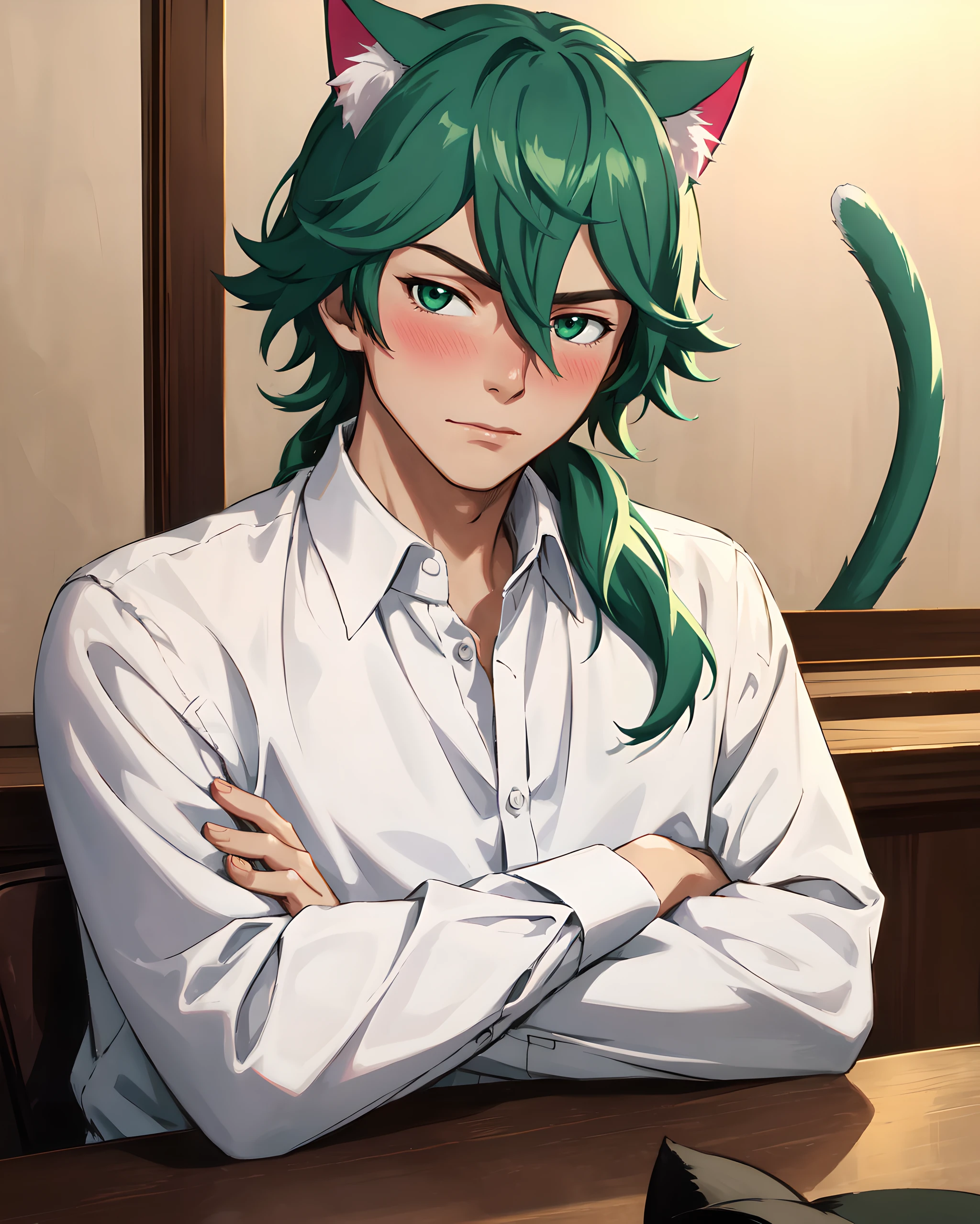 hs ezreal, solo, long hair, looking at viewer, shirt, 1boy, hair between eyes, male focus, green hair, white shirt, indoors, night, (best quality), (masterpiece), <lora:Heartsteel_Ezreal:0.6>, upper body, crossed arms,cat ears, sitting, blush