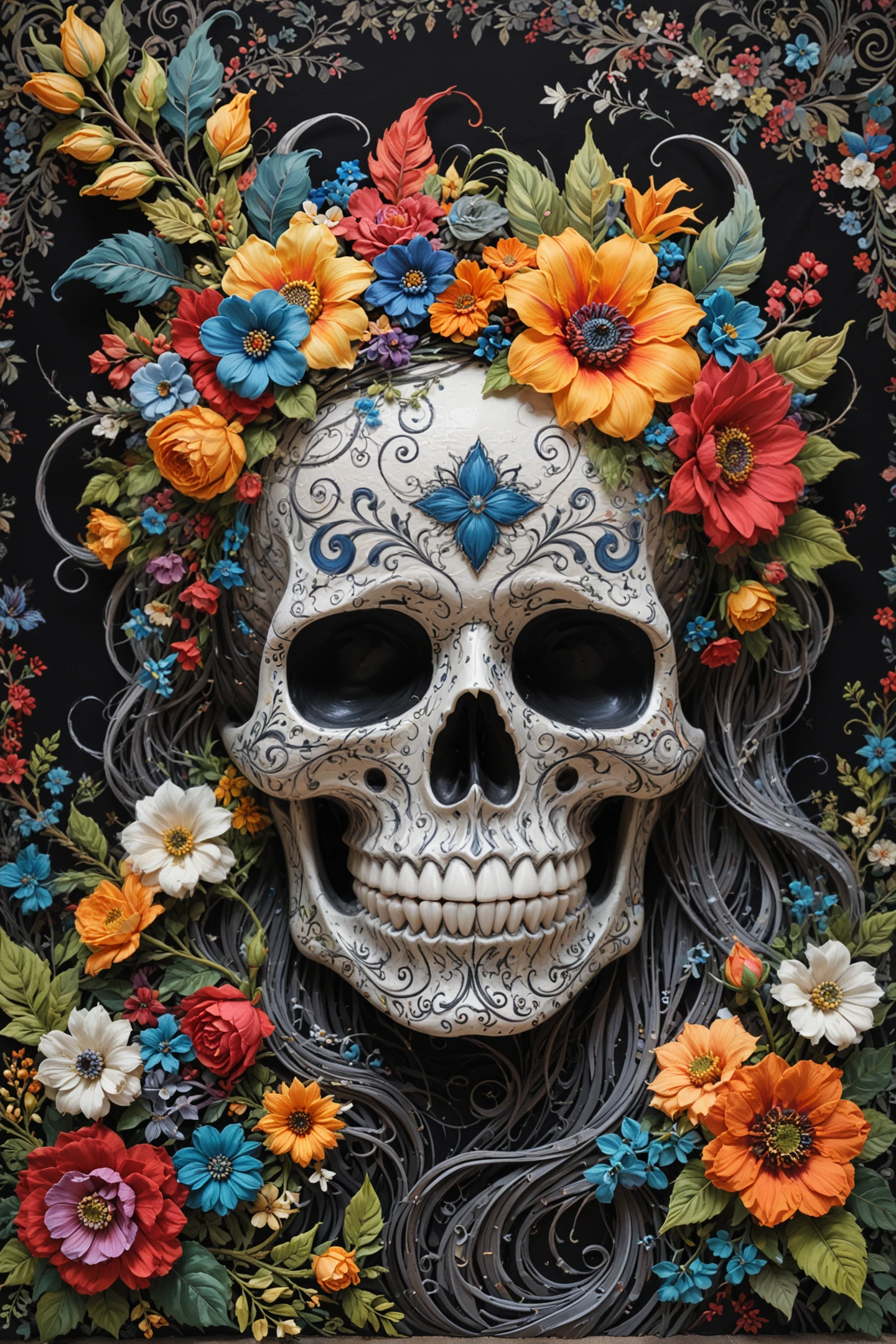 de dia los muertos, psychedelic colors, Doom engine, scribble art, recycled art, In the distance, a swirling mass of colors and patterns fills the canvas. The prism of time is filled with an unsettling silence, broken only by the faint ripples that form on its surface. Through the tapestry, we unravel the intricate details of history, Monochrome, Hardcore Art, Grayscale