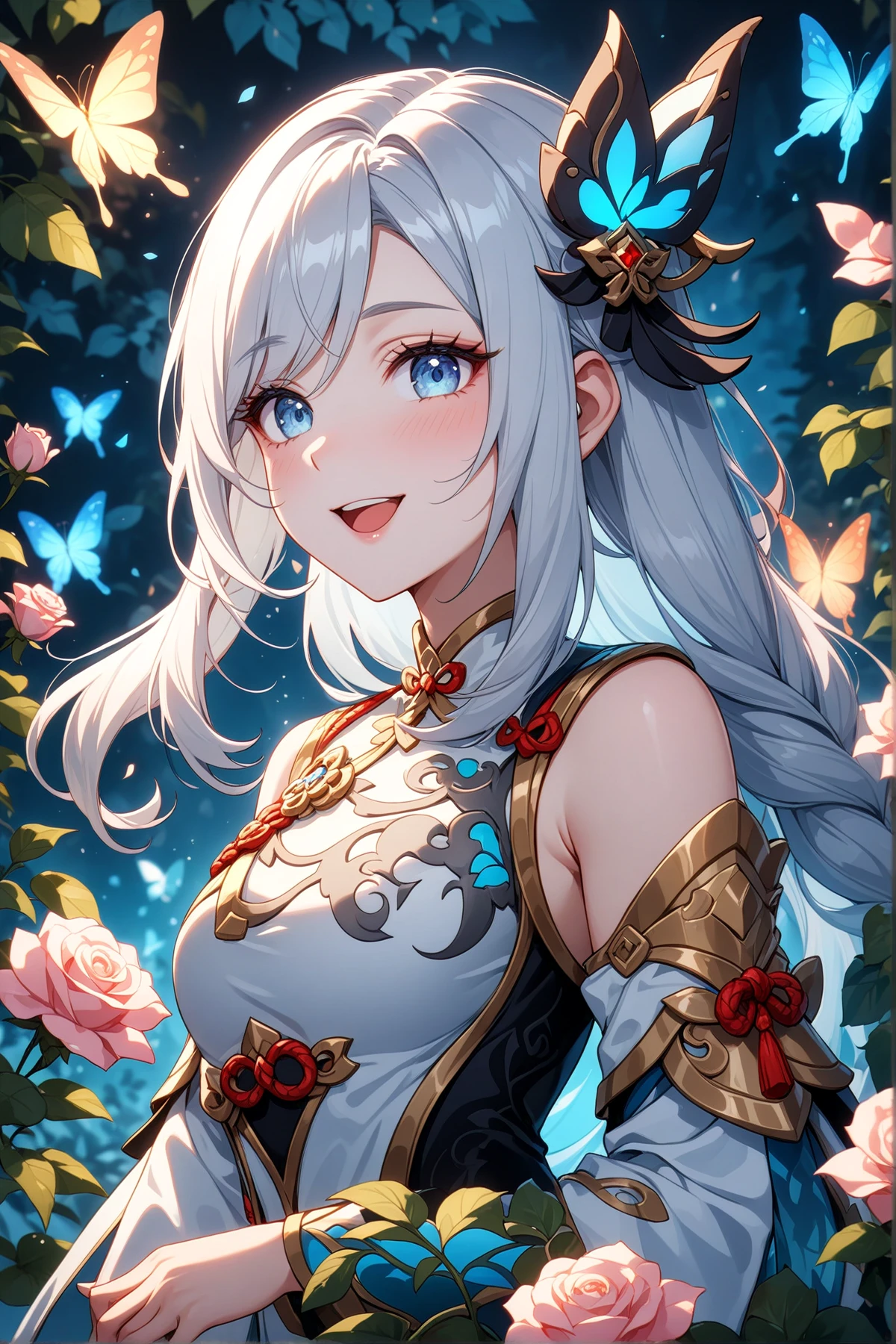 1girl, shenhe, genshin impact, nose blush, beautiful smile, open mouth, close up, abstract, flower, leaf, vine, garden, butterflies, glowing, iridescent glow, bioluminescent, roses, masterpiece, best quality, very aesthetic, absurdres, newest, intricate details, ai generated, intricate