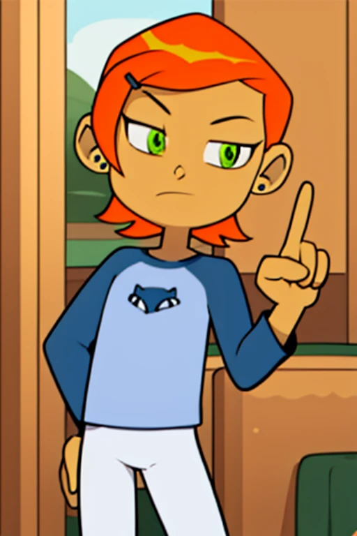 <lora:xierra-10:1> xierra, 1girl, <lora:gwen tennyson:1> Gwendolyn_Tennyson, blue shirt, long sleeves, white pants, orange hair, green eyes, solo, masterpiece, best quality