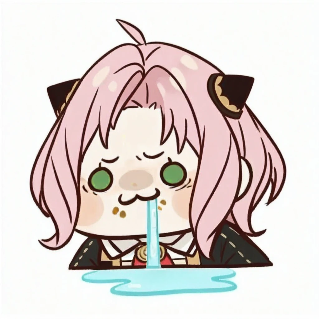 chibi,drooling,food on face,:3,(masterpiece),(best quality),Anya Forger, 1girl, anya \(spy x family\), solo, female child, pink hair, green eyes, school uniform, eden academy school uniform, smile, dress, sitting, looking at viewer, open mouth, black footwear, black dress, child, shirt, :d, long sleeves, full body, shoes, medium hair, bangs, ahoge, white pantyhose, collared shirt