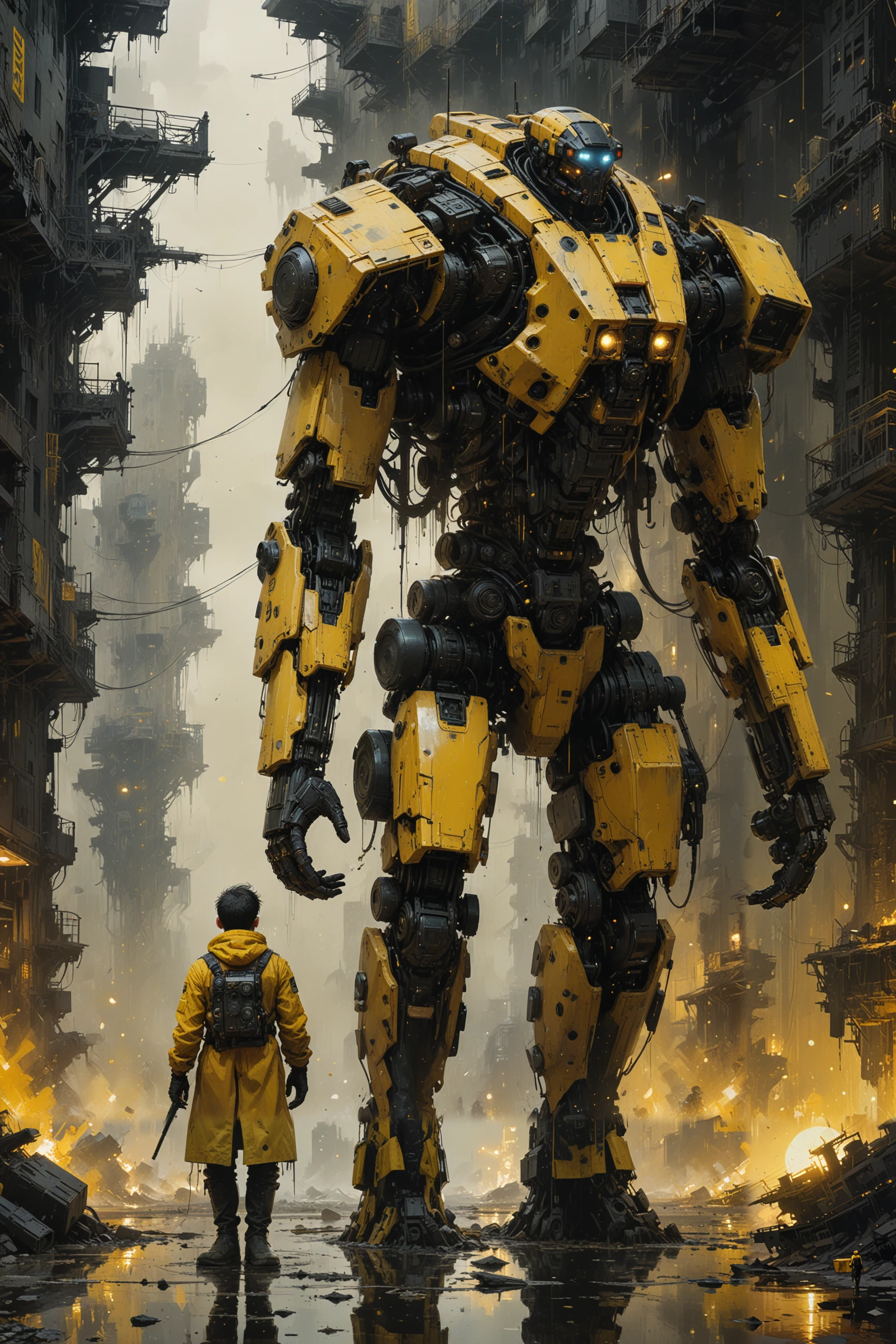 science fictional still, ((in style of Jeremy Mann and Wadim Kashin)), (black and yellow), vintage, masterpiece, visually stunning, evocative, best quality, very intricate and detailed,